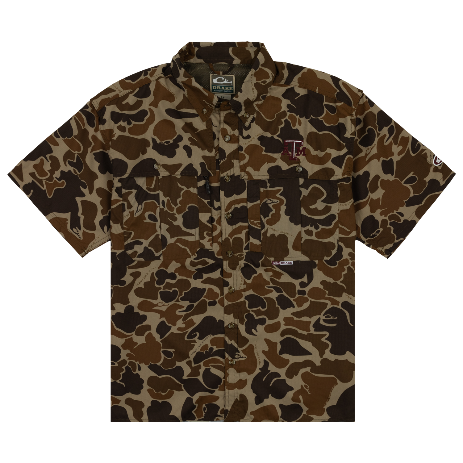 A camo button down tshirt with two pockets on the chest. There is a maroon A&M logo above the pocket on the left side.