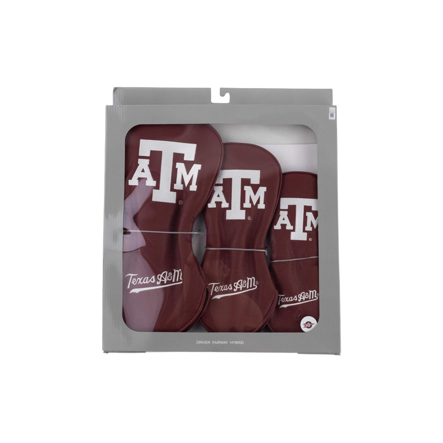 A three-piece set of maroon Texas A&M golf club headcovers packaged in a display box, each featuring a white "ATM" logo and "Texas A&M" script for driver, fairway, and hybrid clubs.   