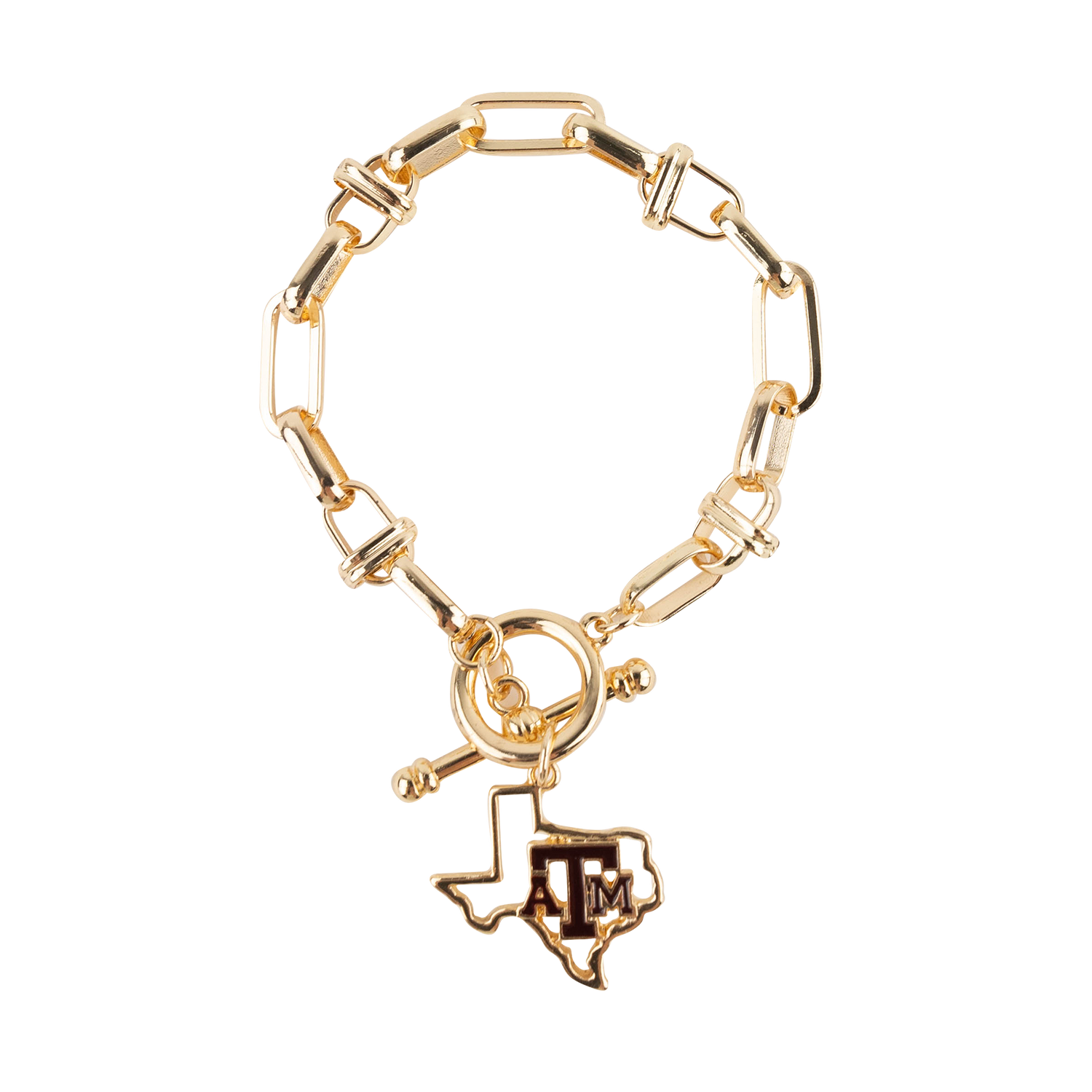 A gold-tone chain bracelet with a toggle clasp and a dangling Texas-shaped charm featuring the Texas A&M logo.