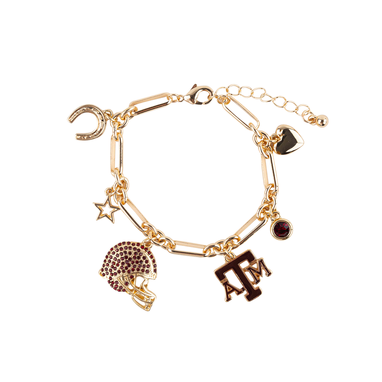A gold-tone charm bracelet featuring Texas A&M Aggies-themed charms, including a football helmet, 'A&M' logo, star, horseshoe, and heart, displayed on a clean white background.