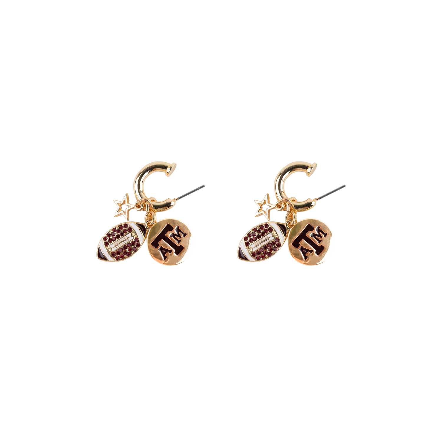 A pair of gold-toned hoop earrings with dangling football charms, engraved with 'ATM', on a plain white background.