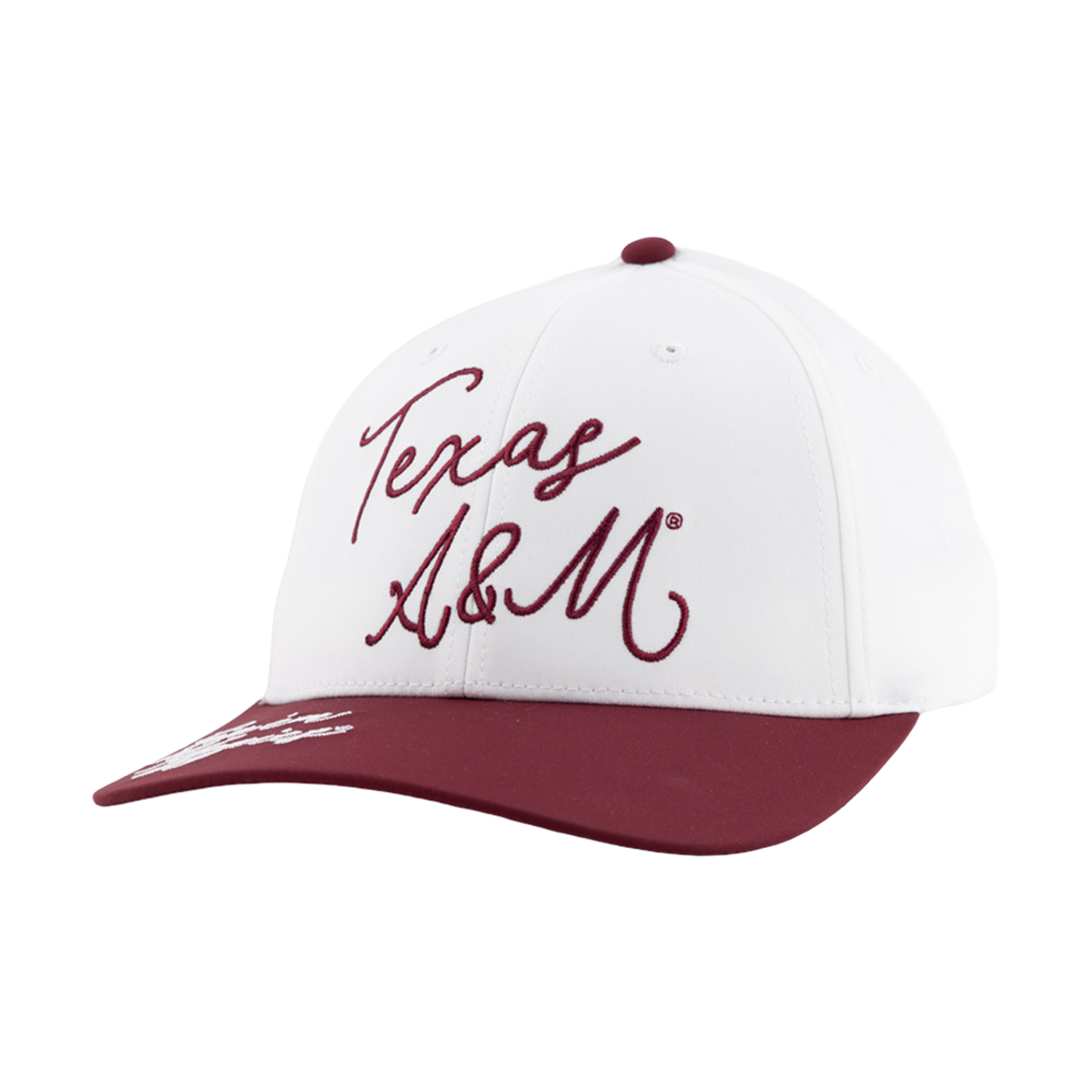 White and maroon Texas A&M trucker hat featuring embroidered script “Texas A&M” lettering and a maroon brim.