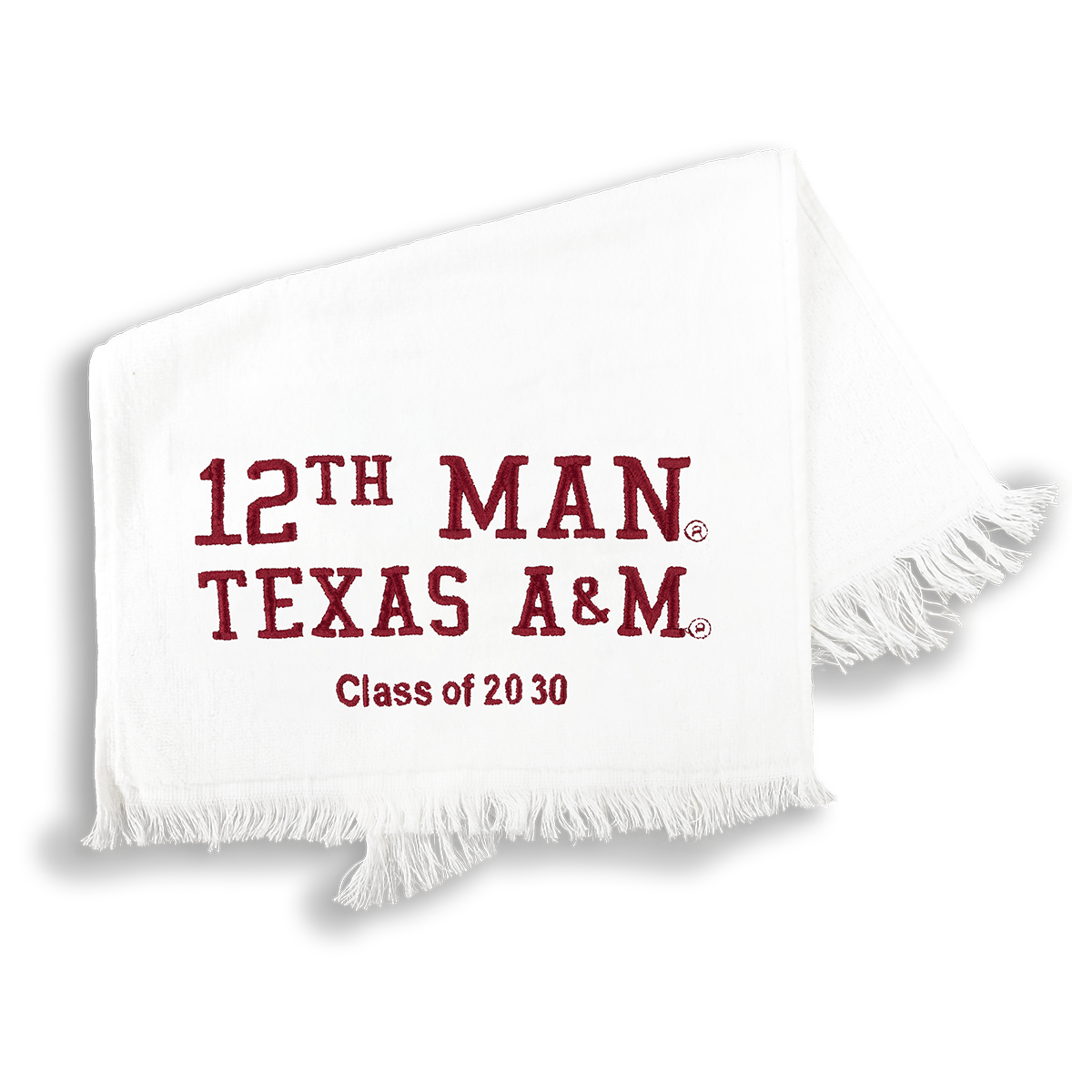 White blanket with red text '12th Man Texas A&M Class of 2030'