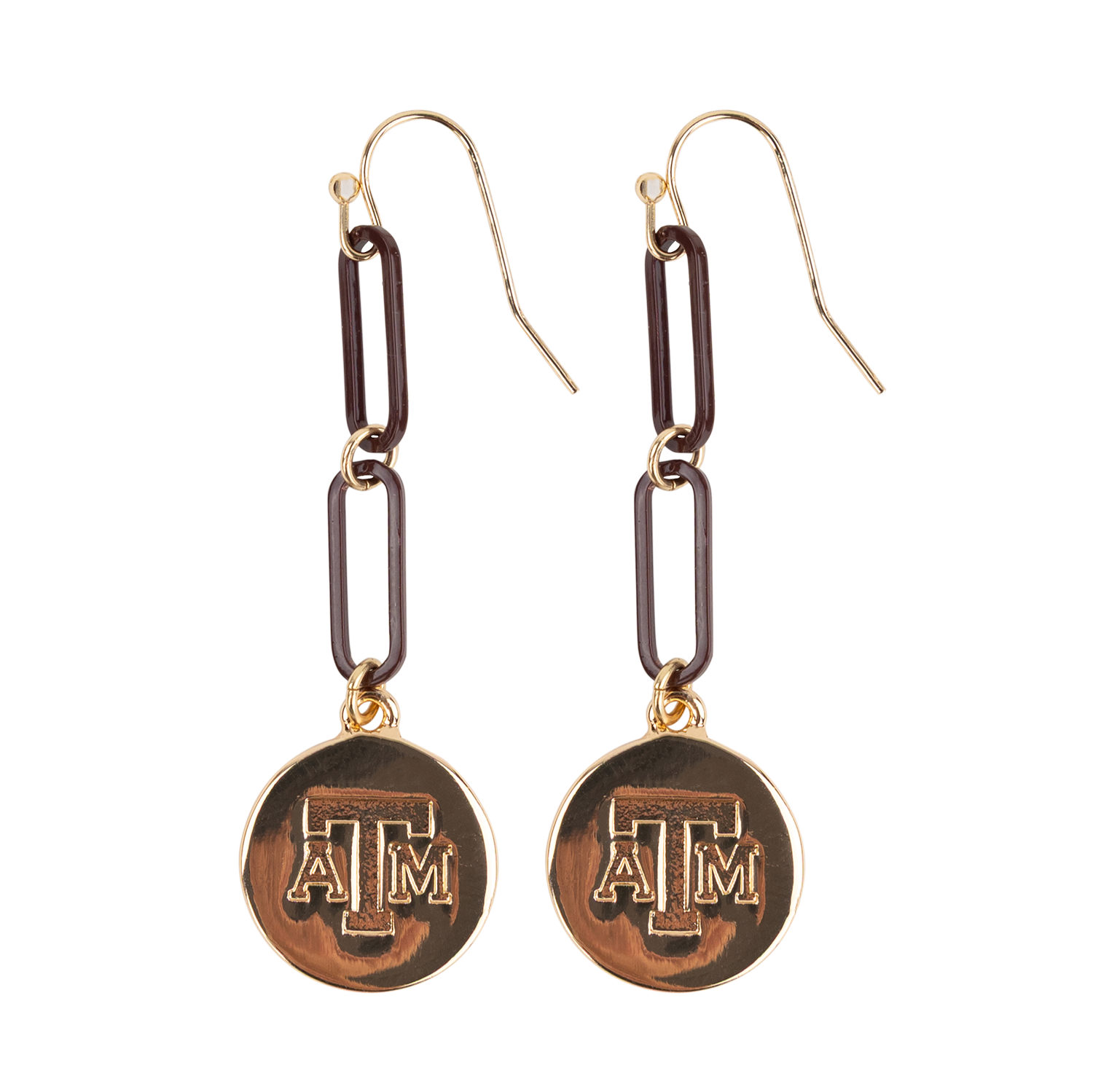 Maroon and Gold hanging paper clip earrings with the A&M emblem.