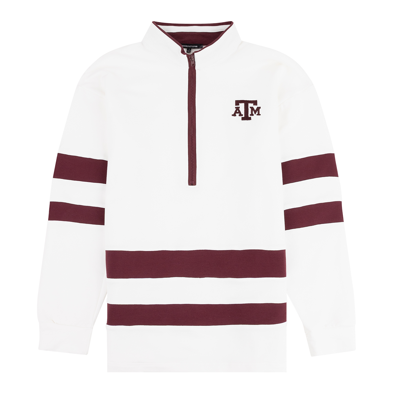 Texas A&M Half Zip Pullover with zippers on both sides of the hips and maroon stripes on both arms.