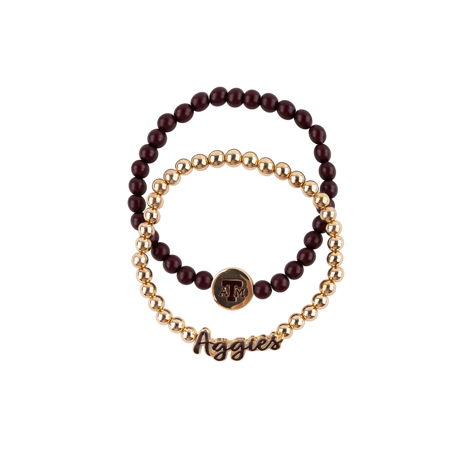 Two beaded stretch bracelets on a plain white background. One bracelet features dark burgundy beads with a round gold ATM logo charm.  The other bracelet features gold beads with a script Aggies charm. 