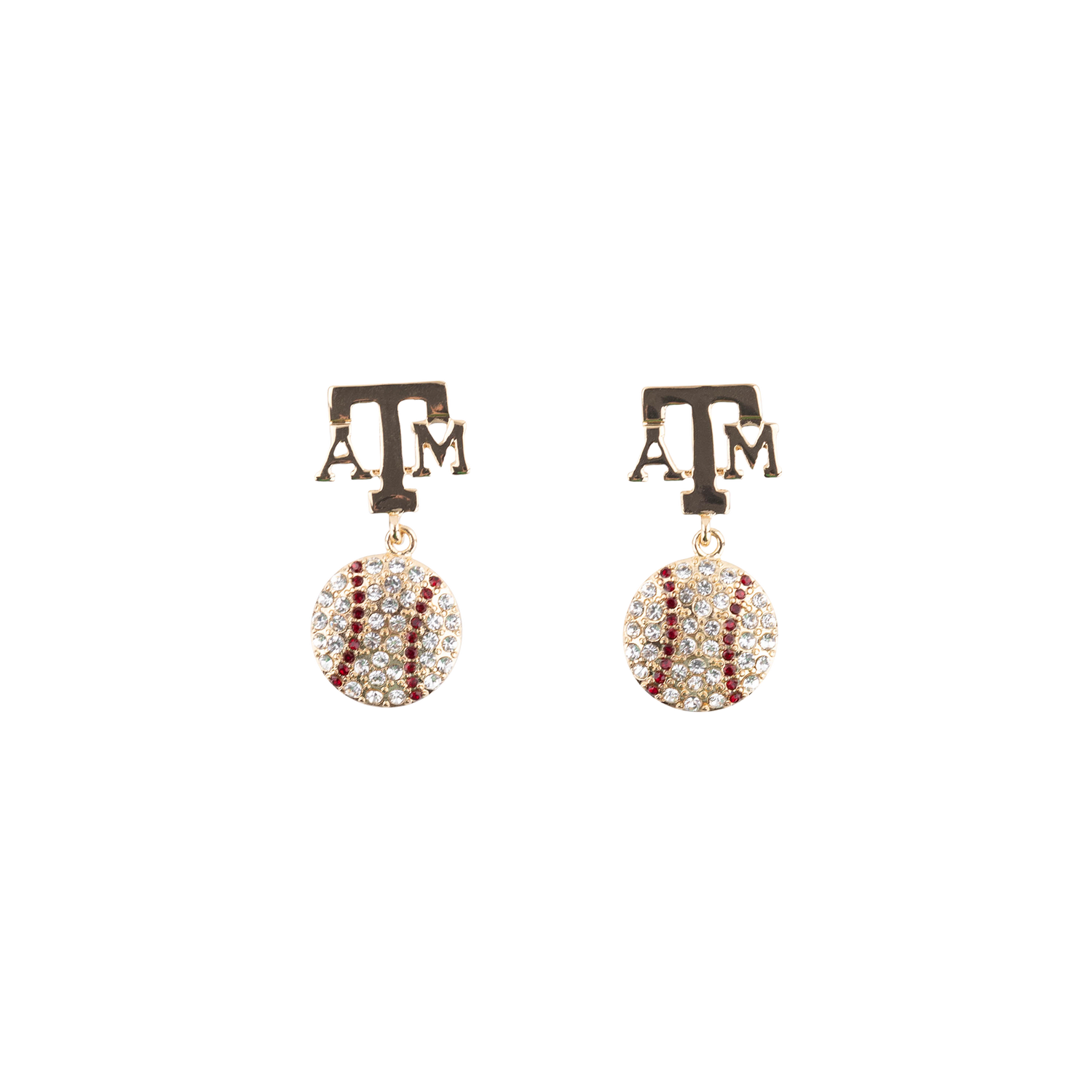Pair of earrings with the Texas A&M symbols and baseball designs in gold and maroon.