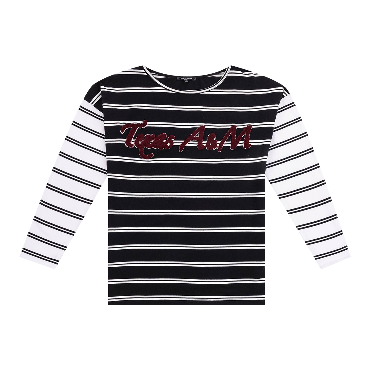 Black and white striped top with "Texas A&M" in maroon.