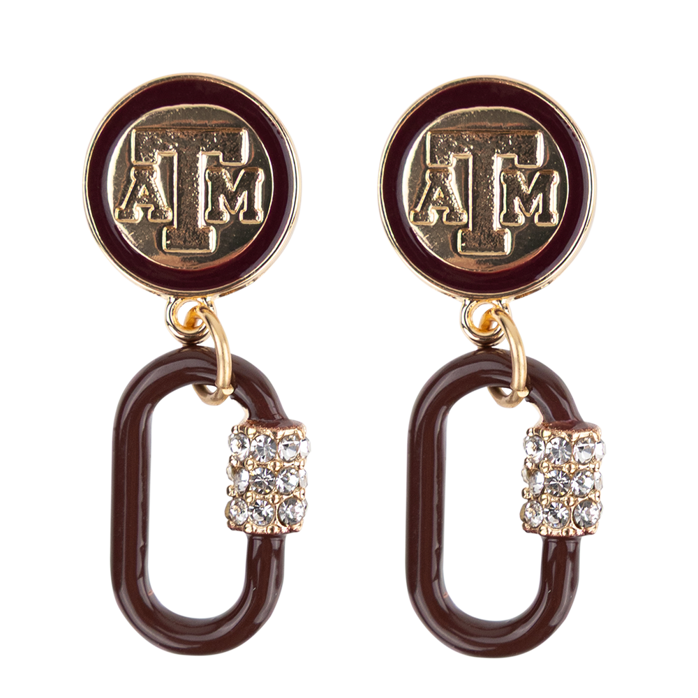 Maroon and Gold dangle earrings with A&M charm and rhinestone detail.