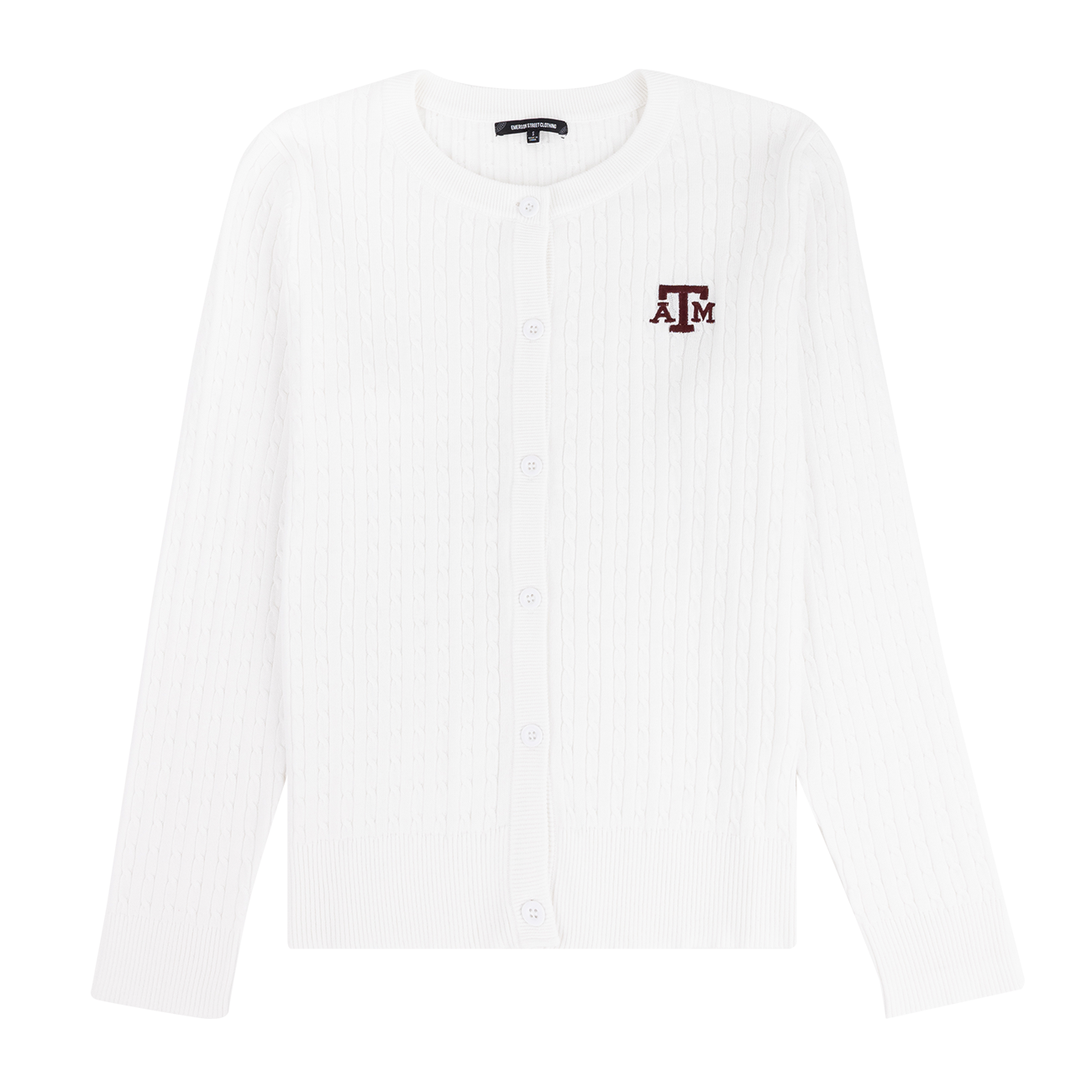 White cable knit cardigan with buttons and maroon ATM logo on the left side of the chest