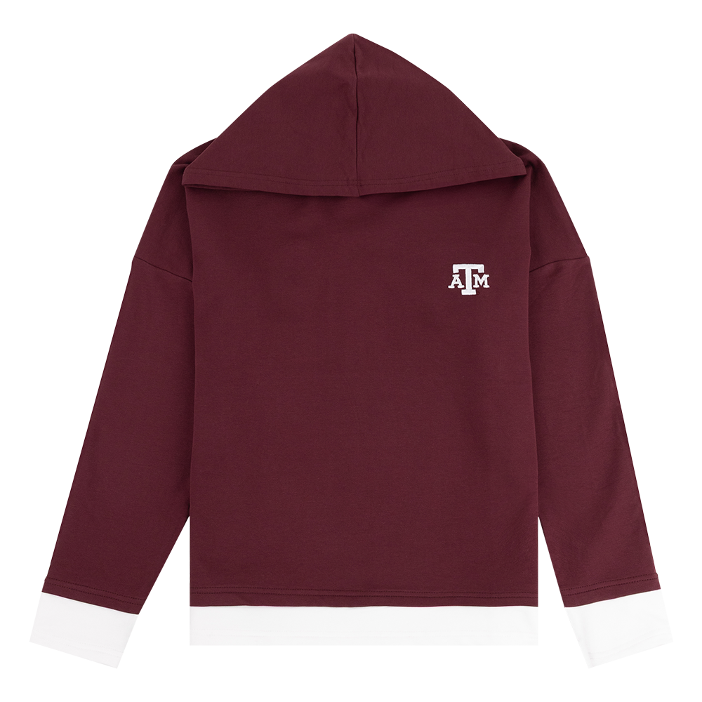 Maroon pullover hoodie with white ATM logo on the left side of the chest