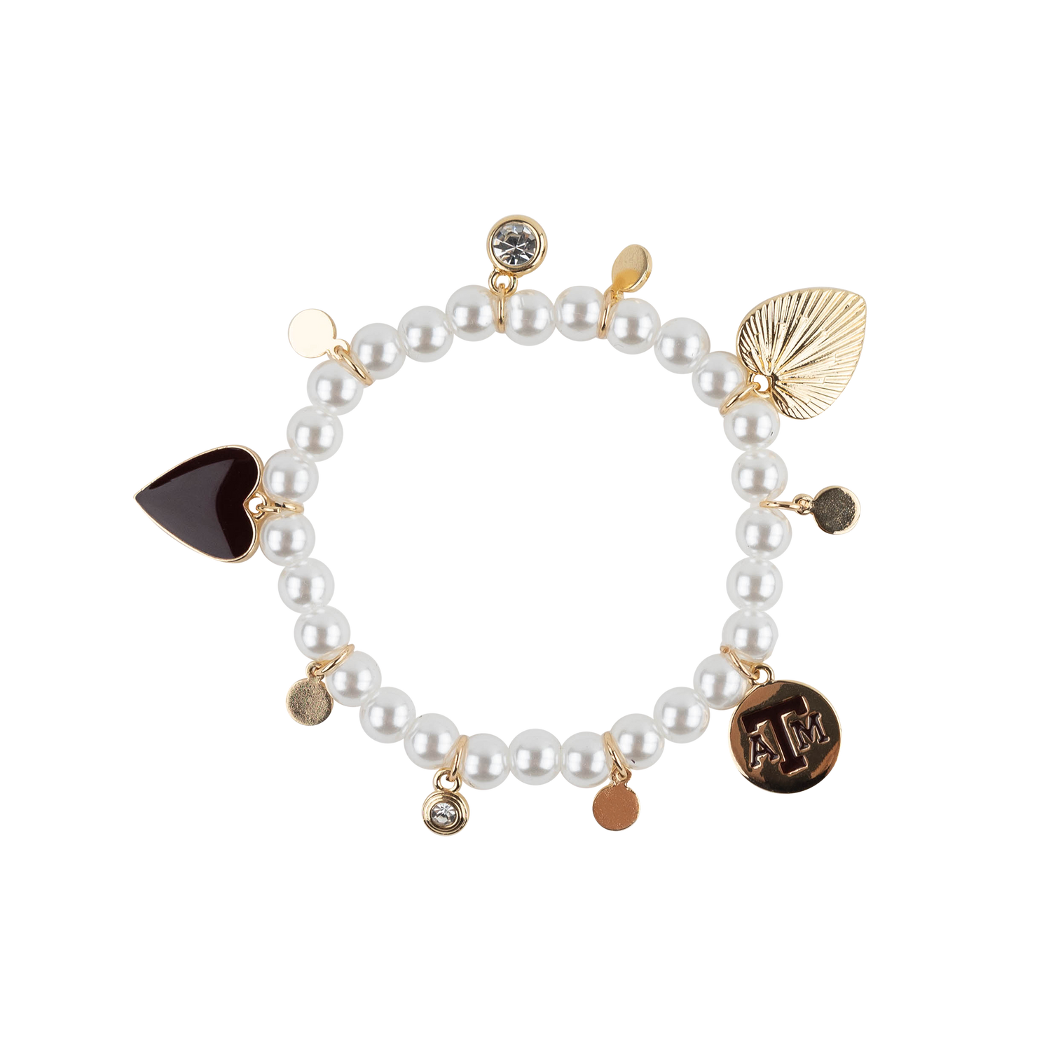 A charm bracelet featuring white pearl-like beads, gold-toned metal settings, and multiple charms including a dark brown heart, a gold seashell, a round gold disc engraved with 'AM', and small round charms, shown on a plain white background.