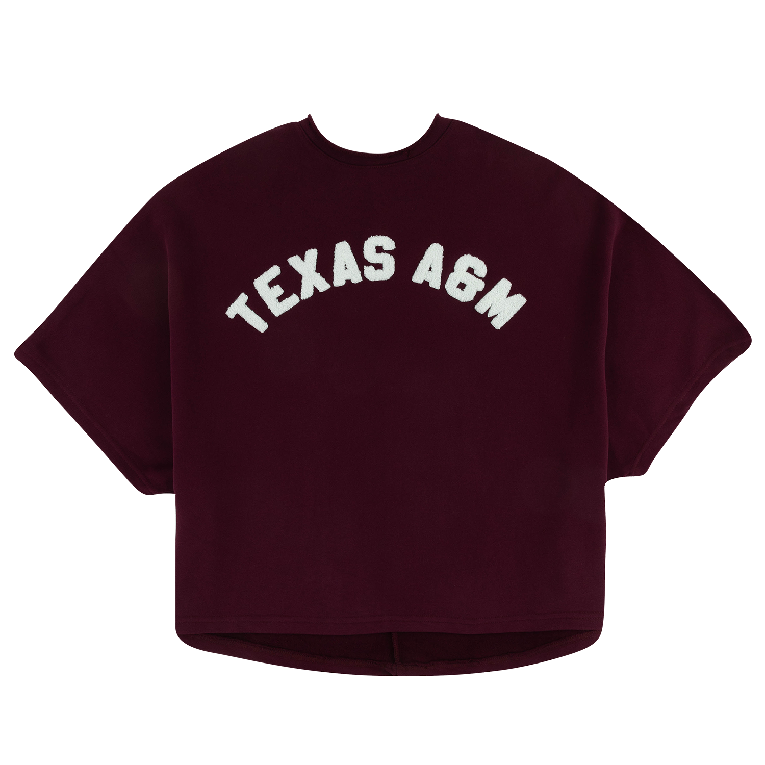 A cropped short-sleeve t-shirt in maroon with 'TEXAS A&M' printed across the chest in white arched block letters, shown against a plain white background.