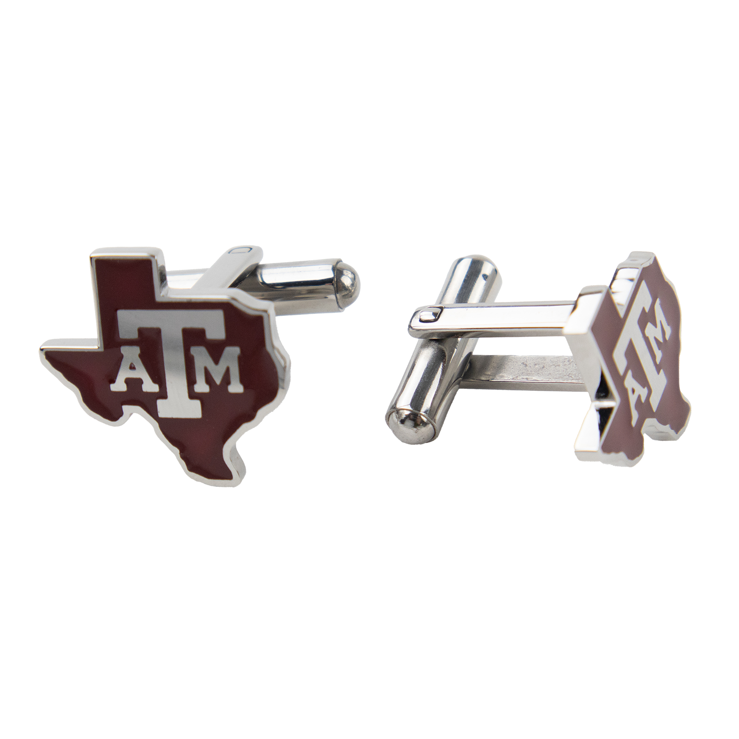 Silver texas shaped cuff links. The background is maroon with A&M printed in silver block letters. 