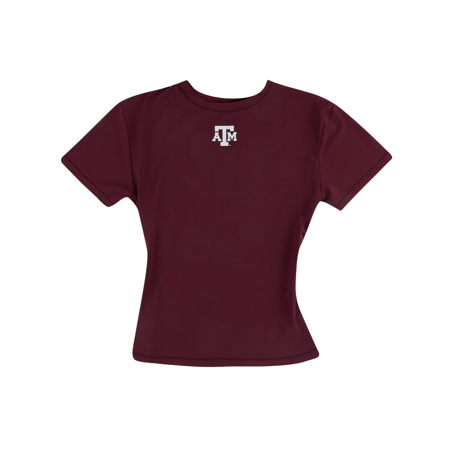 A maroon short-sleeve crop top t-shirt featuring a white 'A&M' Texas A&M Aggies logo on the center chest, displayed on a clean white background.