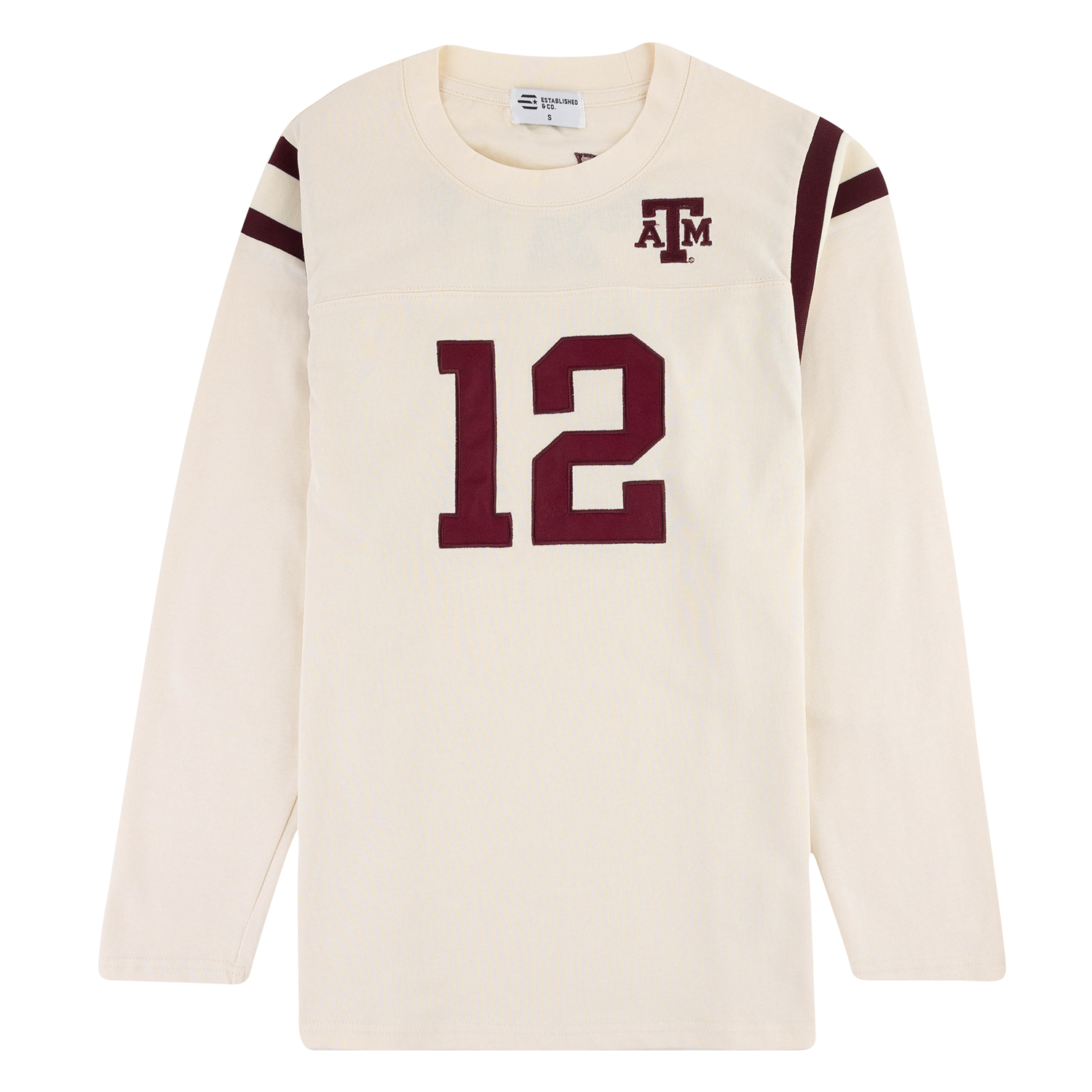 A cream long-sleeve athletic jersey with maroon stripes on the shoulders and a large maroon number 12 on the front, featuring an 'A&M' logo on the chest.