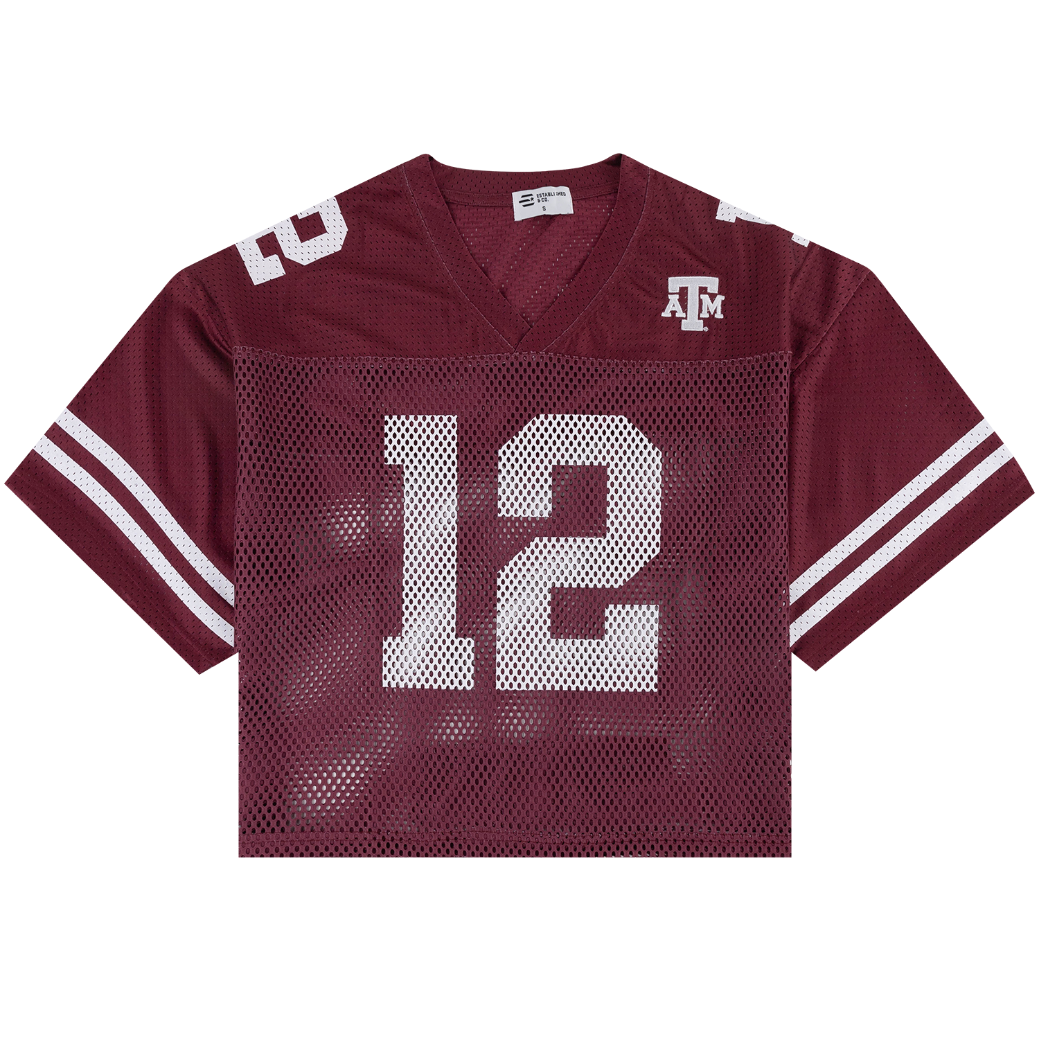 A maroon short-sleeve football jersey with white mesh texture, featuring the number 12 on the front, a Texas A&M 'A&M' logo on the left chest, and white stripes on the sleeves.
