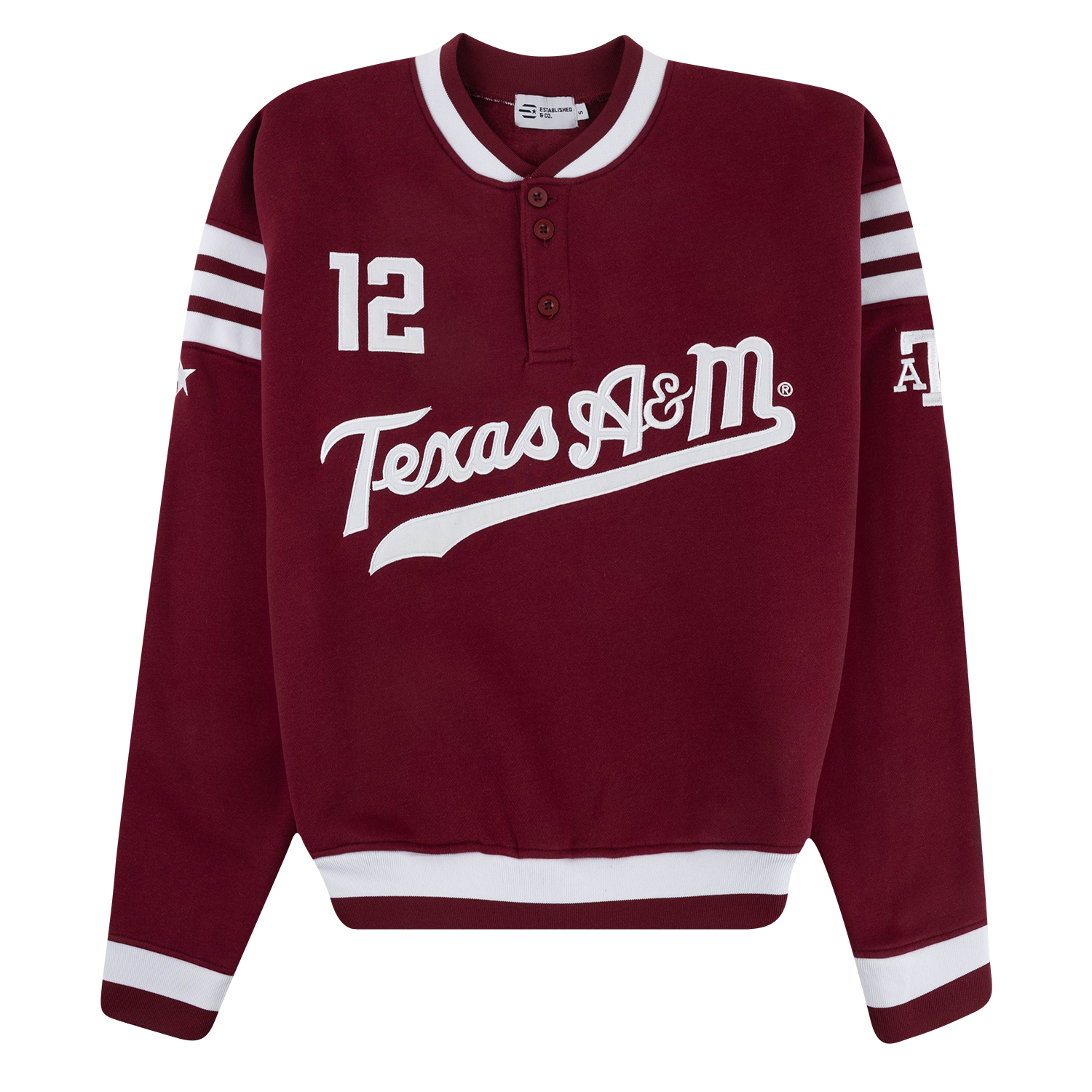 Maroon Texas A&M long-sleeve pullover featuring a vintage-inspired “Texas A&M” graphic, white number 12, striped sleeves, button-front neckline, and white ribbed trim.