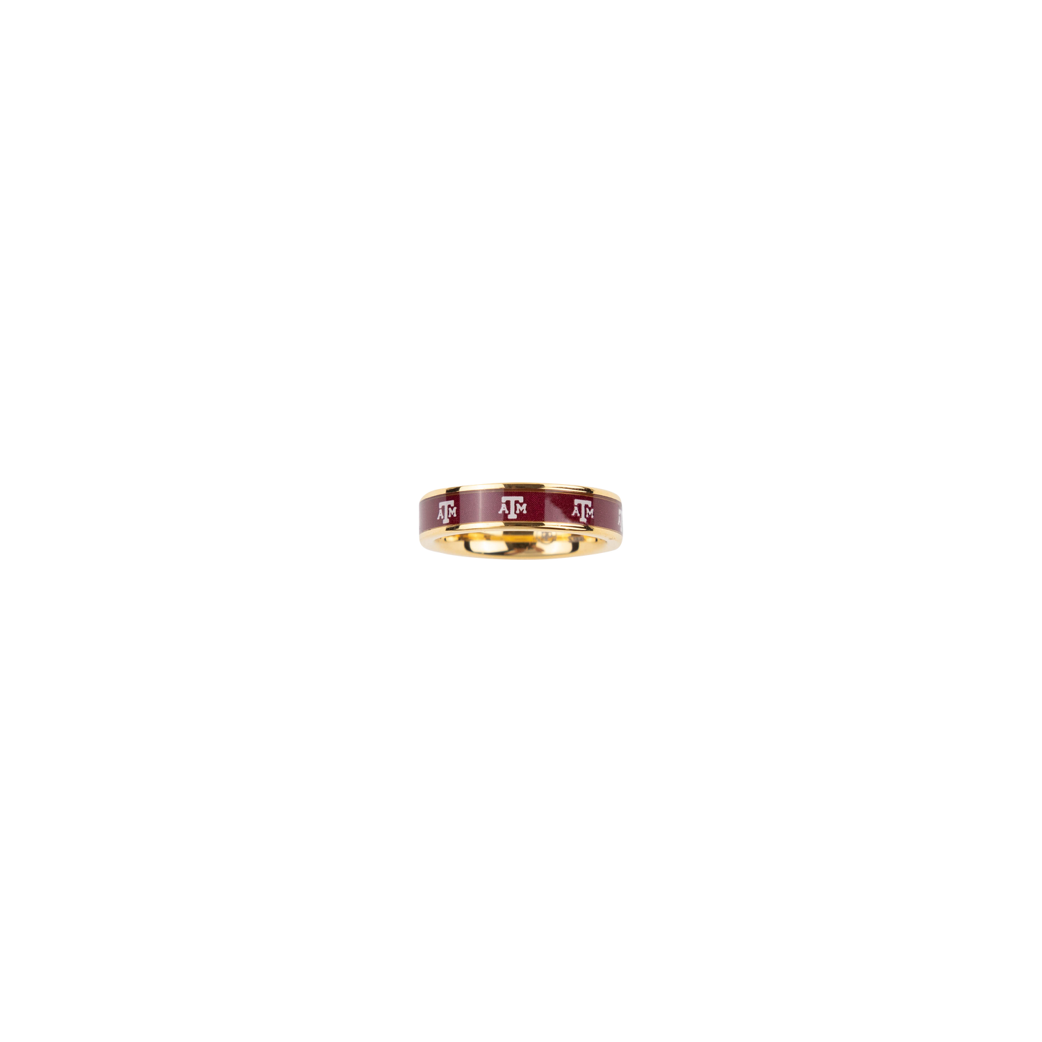 Gold plated ring with maroon band and white ATM logos