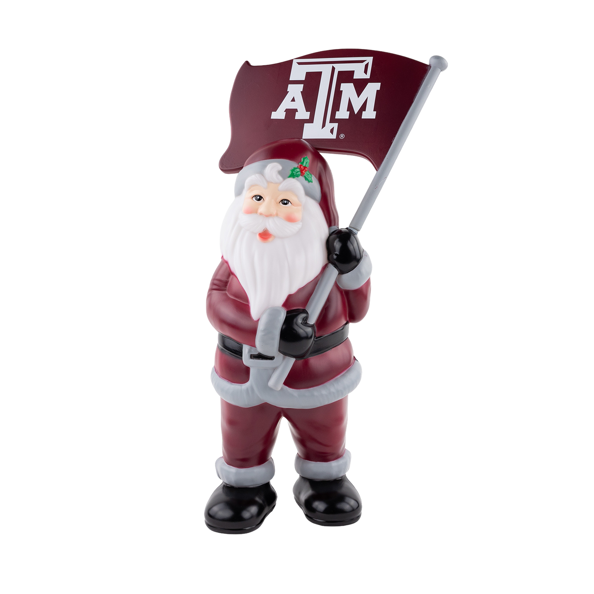 A Santa Claus figurine dressed in a maroon Texas A&M suit with white trim, holding a flag featuring the white Texas A&M "ATM" logo.   