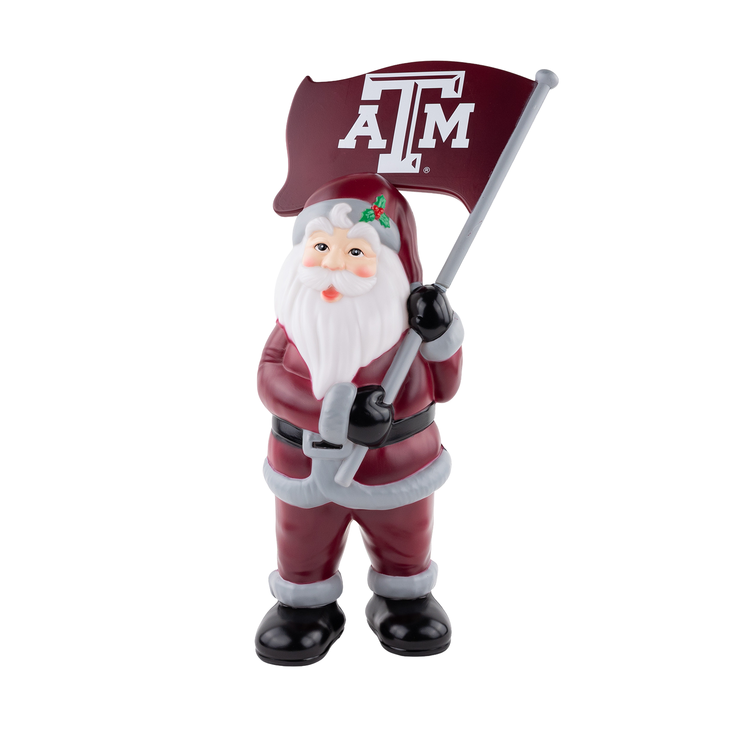 A Santa Claus figurine dressed in a maroon Texas A&M suit with white trim, holding a flag featuring the white Texas A&M "ATM" logo.   