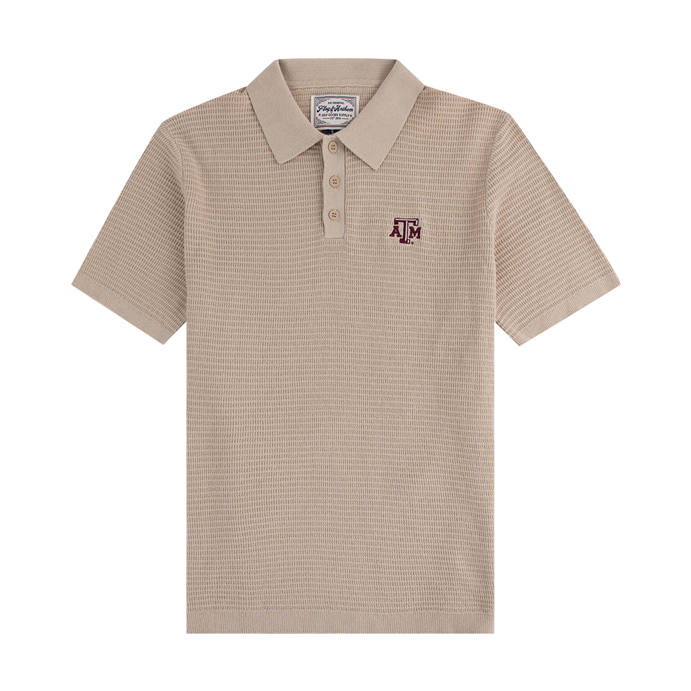 Beige textured polo with maroon ATM logo