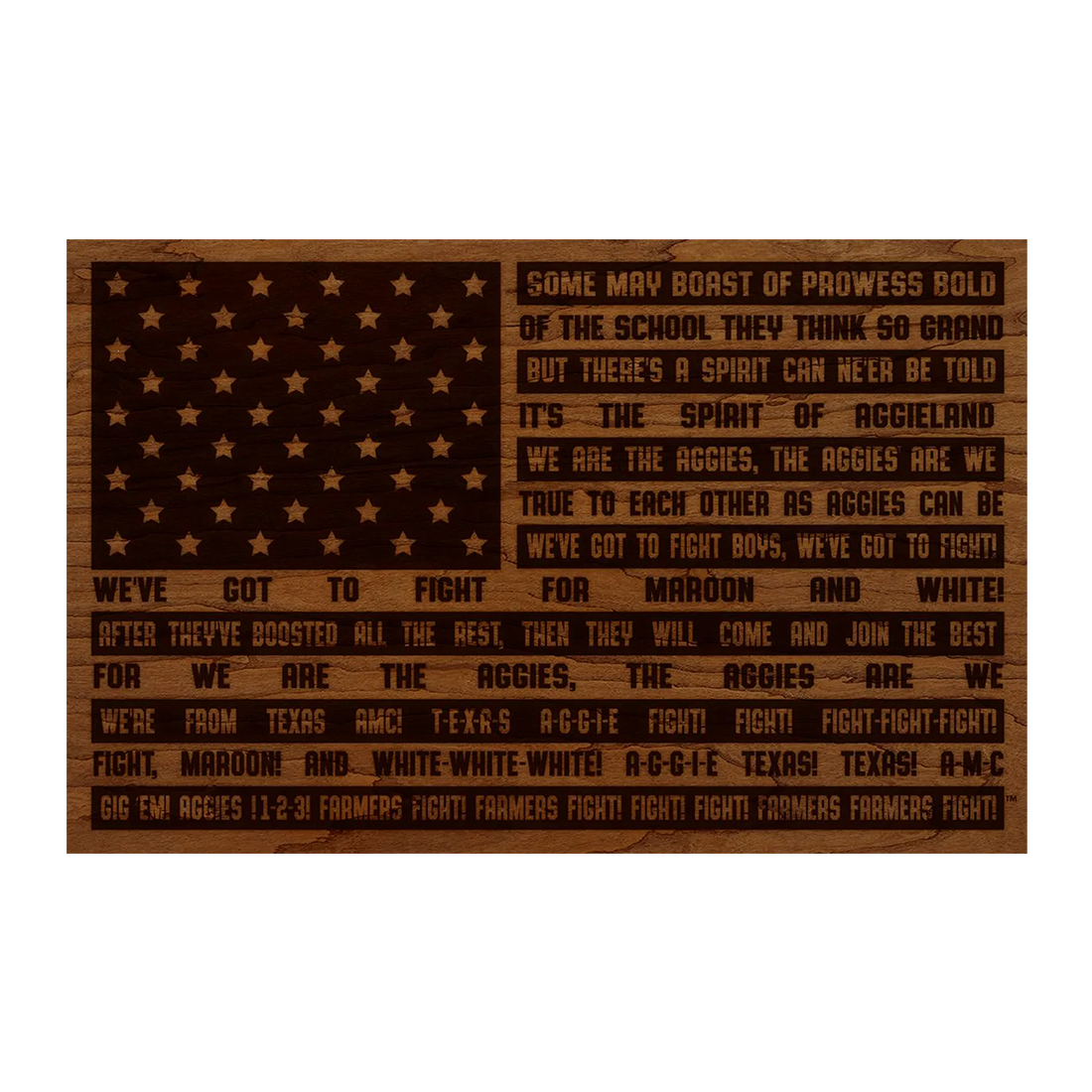 Wooden plaque with American flag design and engraved text.