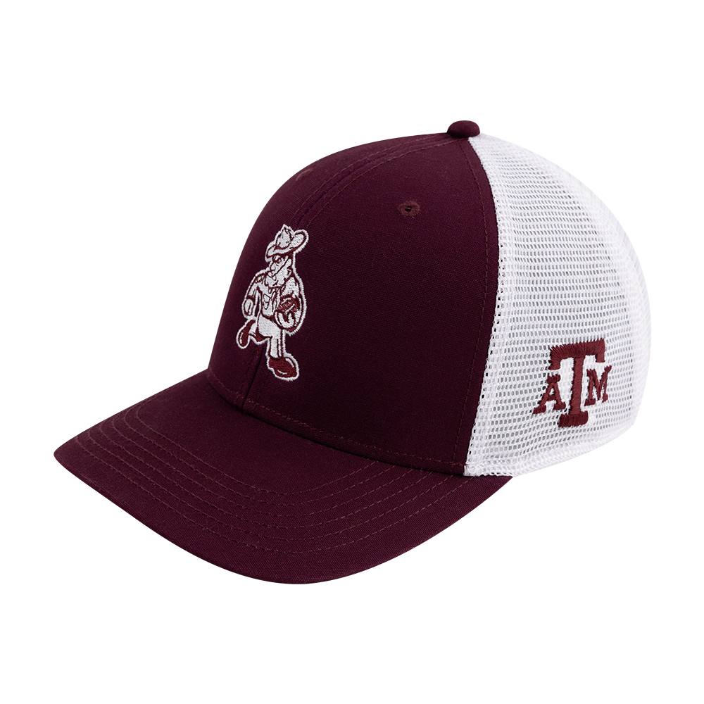Maroon hat with white mesh backing and Ol' Sarge carrying a football