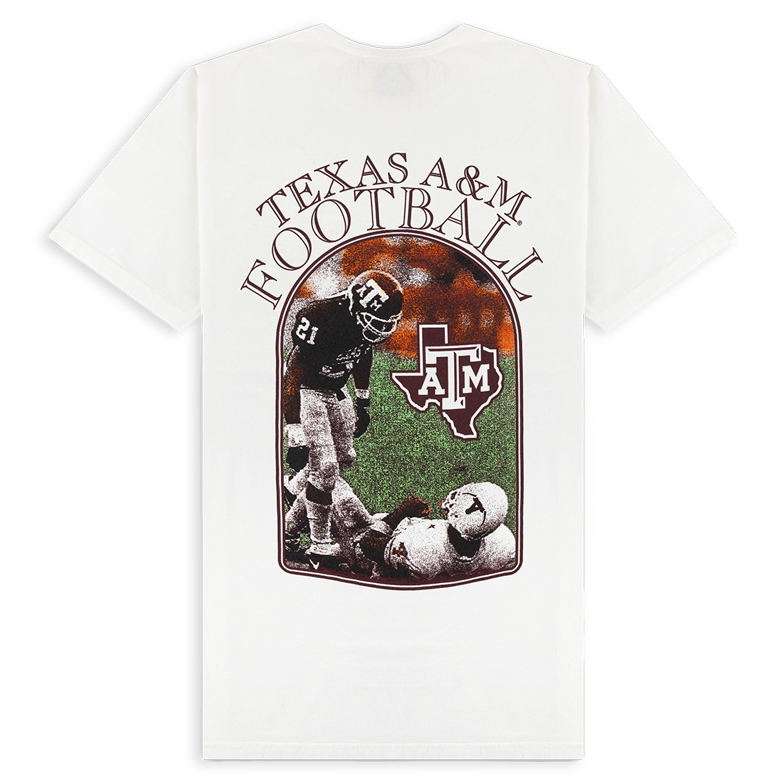White t-shirt with Texas A&M football graphic. 