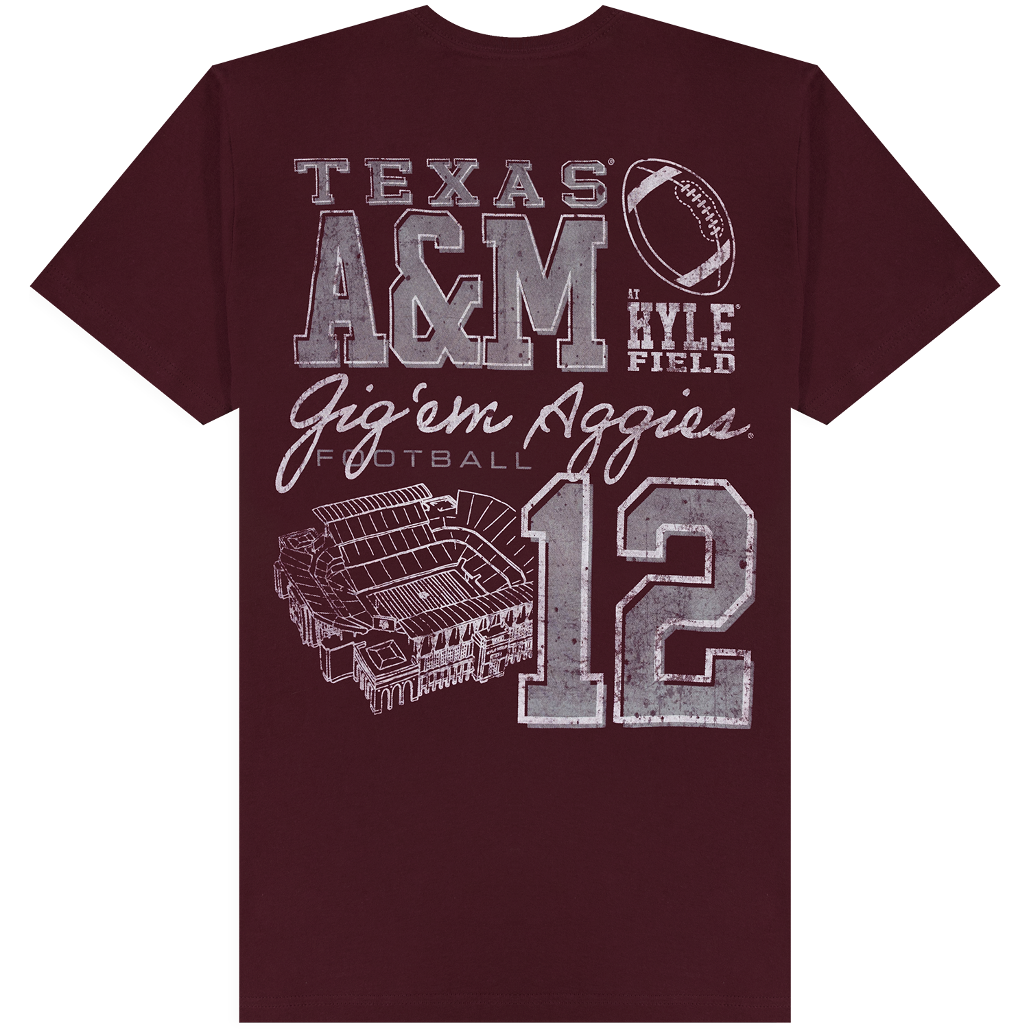 A maroon short-sleeve t-shirt with a distressed white graphic print on the front featuring 'TEXAS A&M', 'Kyle Field', 'Gig 'em Aggies', a Kyle Field illustration, and the number 12.