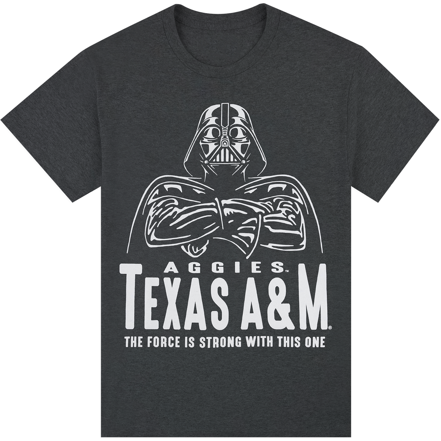 A dark heather gray t-shirt featuring a white graphic of Darth Vader with crossed arms, above the text 'AGGIES TEXAS A&M. THE FORCE IS STRONG WITH THIS ONE'.