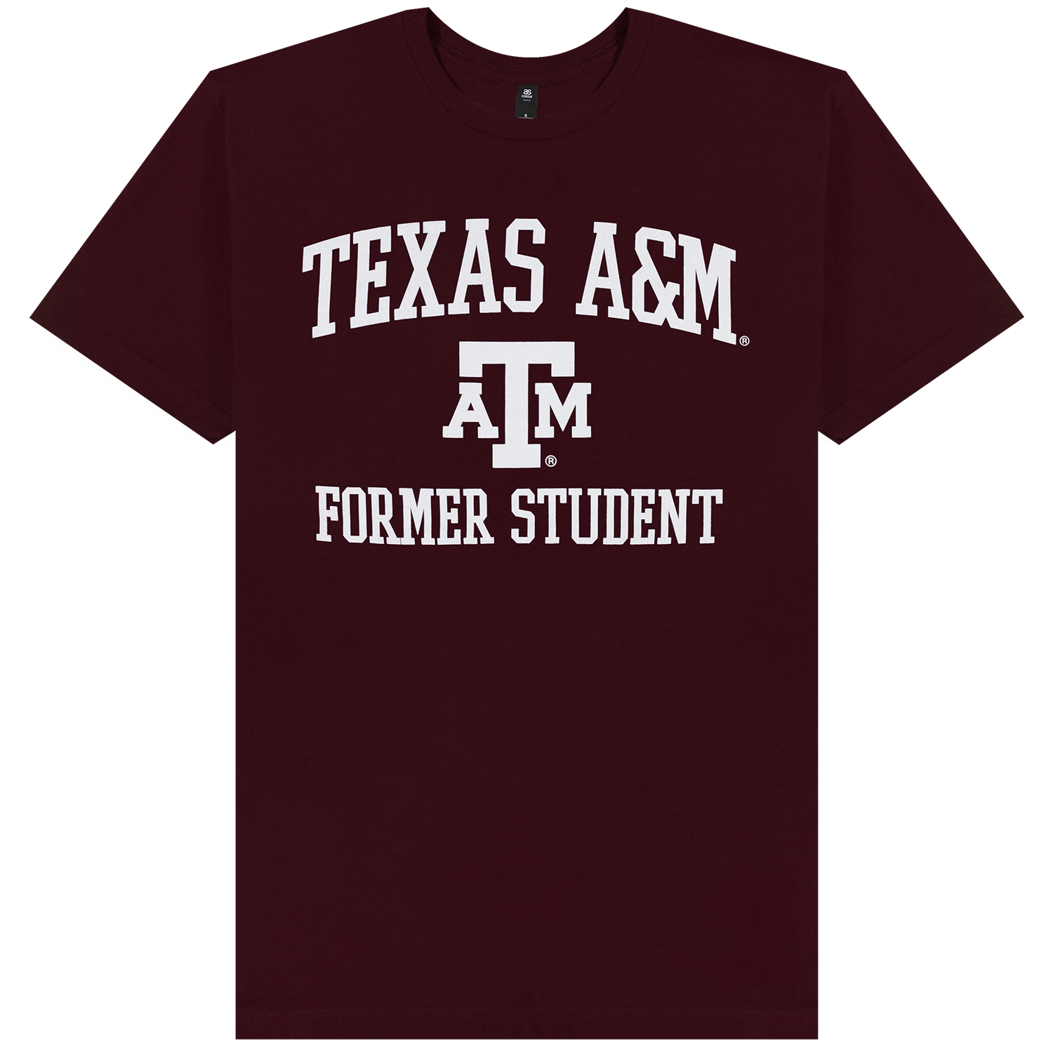 A maroon short-sleeve t-shirt with white printed text reading 'TEXAS A&M' and 'FORMER STUDENT' with the Texas A&M logo in the center.
