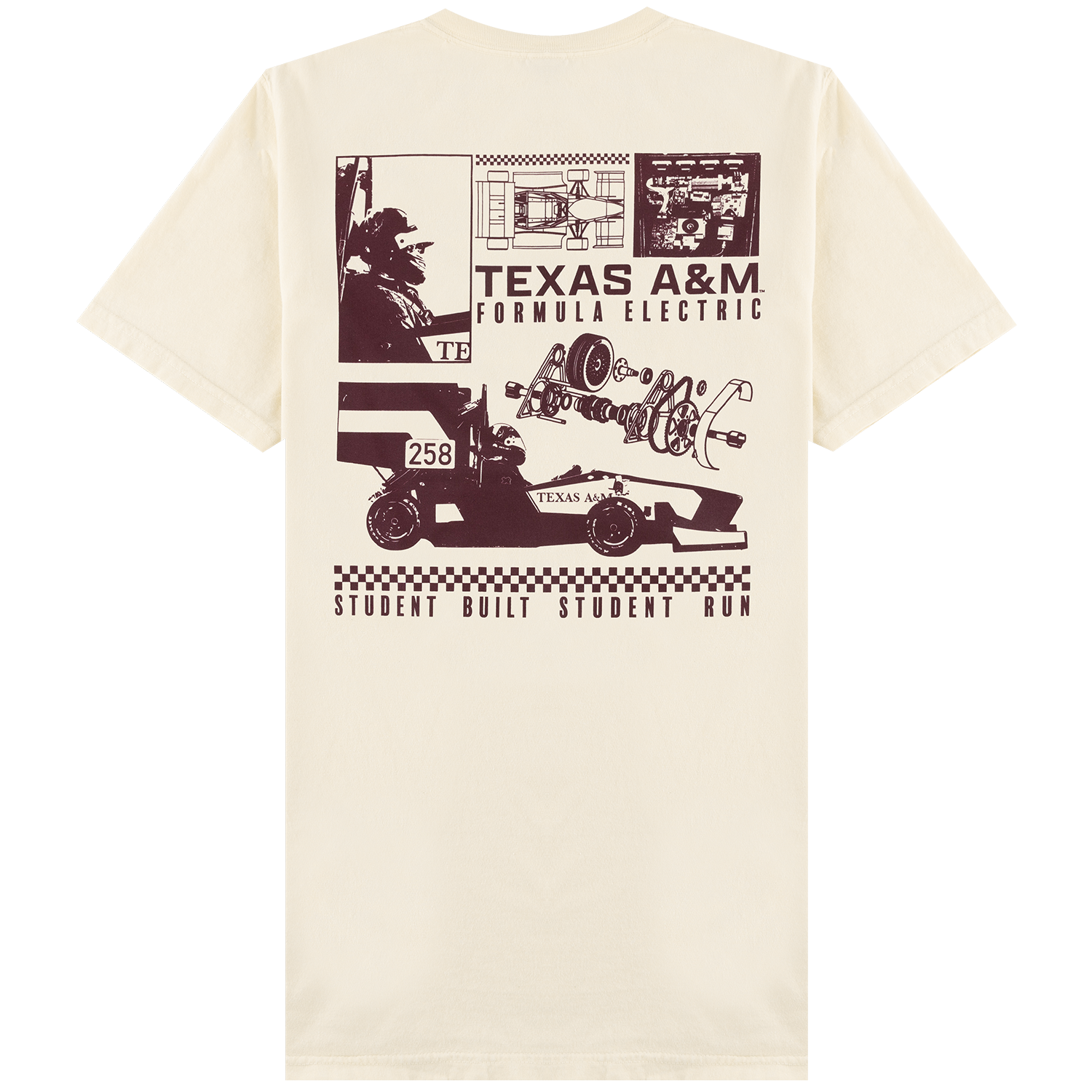 Cream Texas A&M Formula Electric T-shirt featuring a maroon student-built race car graphic, engineering illustrations, Texas A&M Formula Electric text, and “Student Built Student Run” lettering on the back.