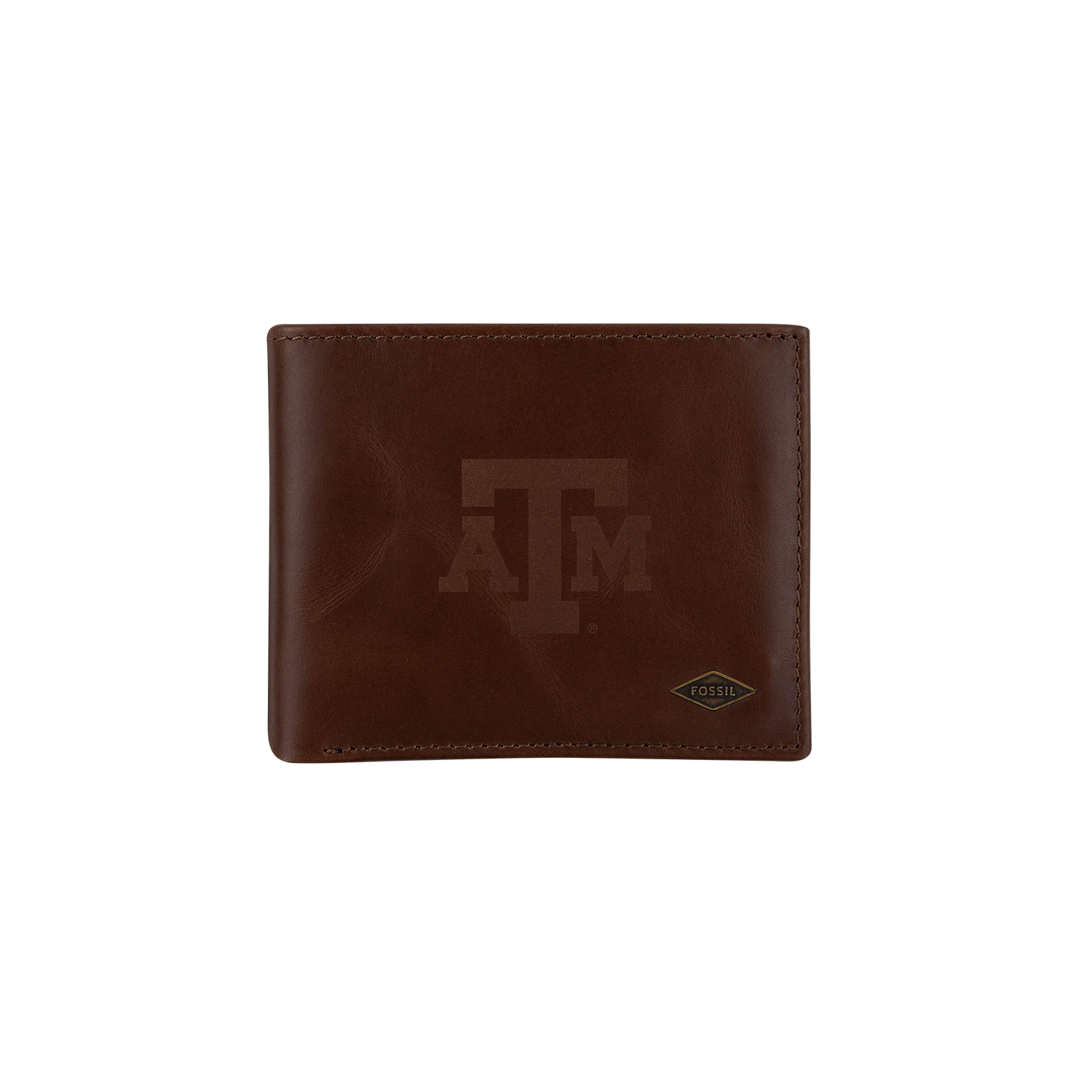 A dark brown leather bi-fold wallet featuring an embossed Texas A&M 'A&M' logo on the front and a small diamond-shaped Fossil logo in the lower right corner, set against a plain white background.
