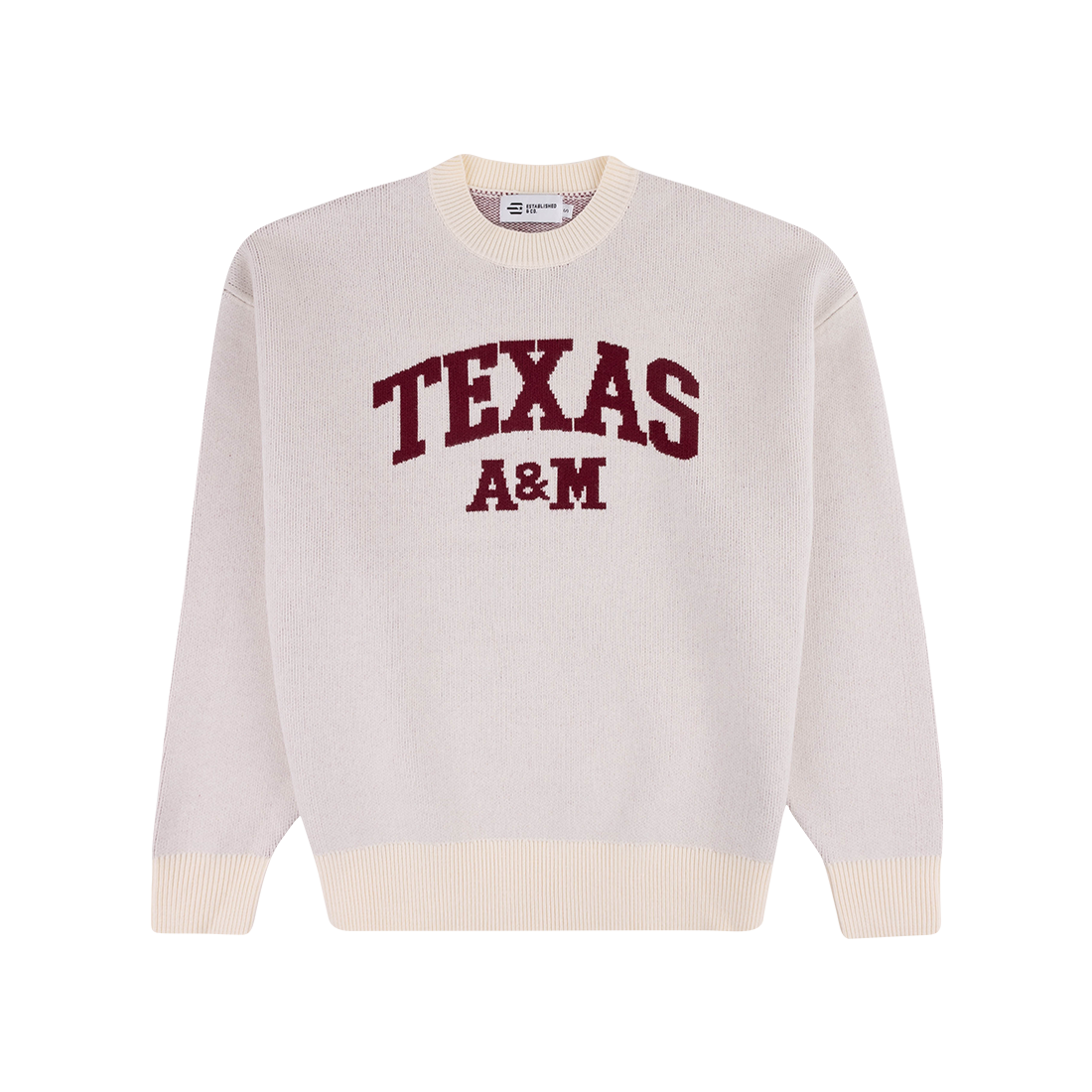 Cream sweater with 'Texas A&M' in maroon.