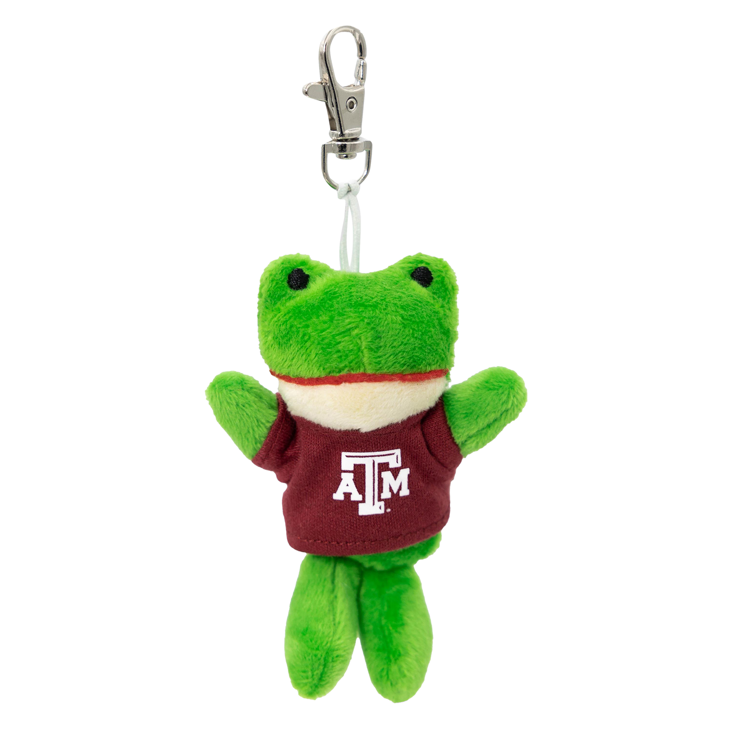 A green plush frog keychain or bag charm wearing a maroon Texas A&M shirt with a white 'A&M' logo, attached to a silver metal clasp on a white background.