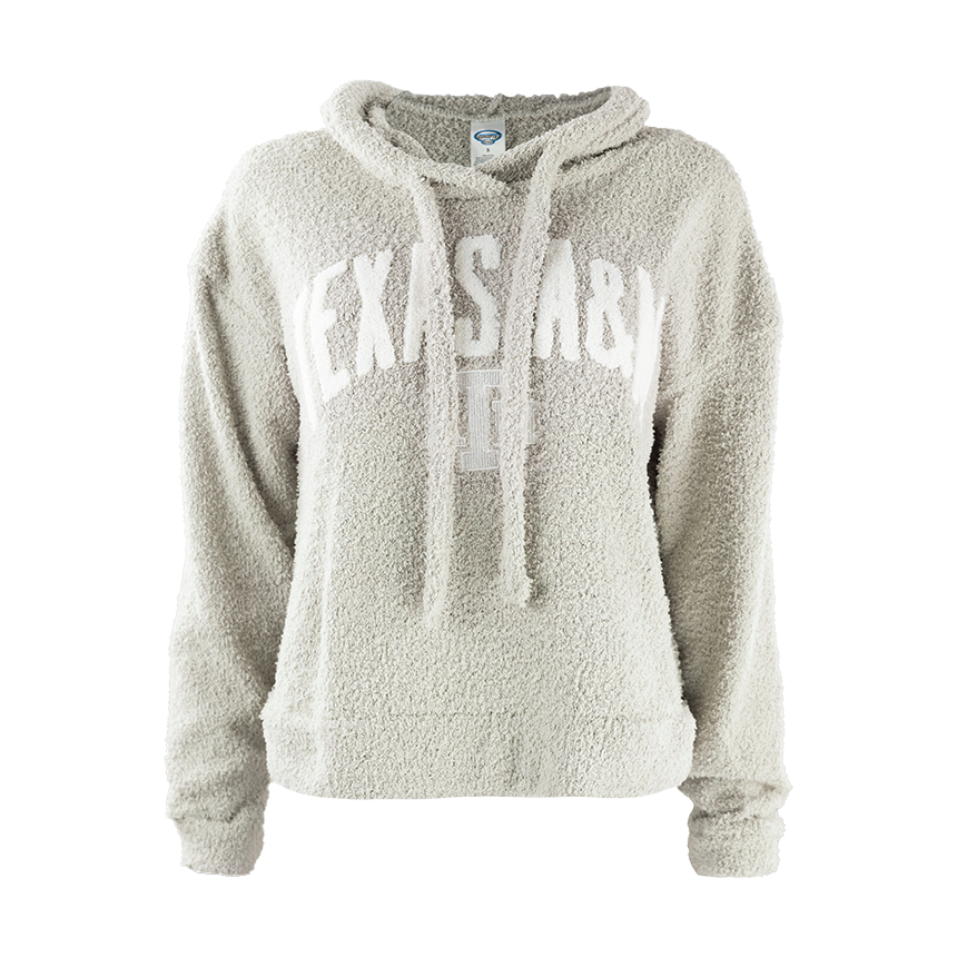 Light gray fuzzy hoodie with "TEXAS A&M' in white