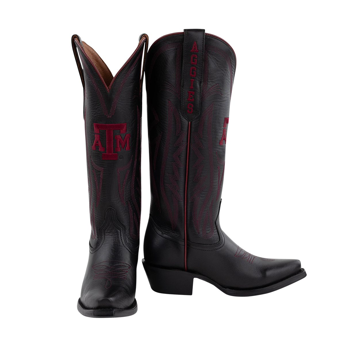 Black cowboy boots with a maroon logo 