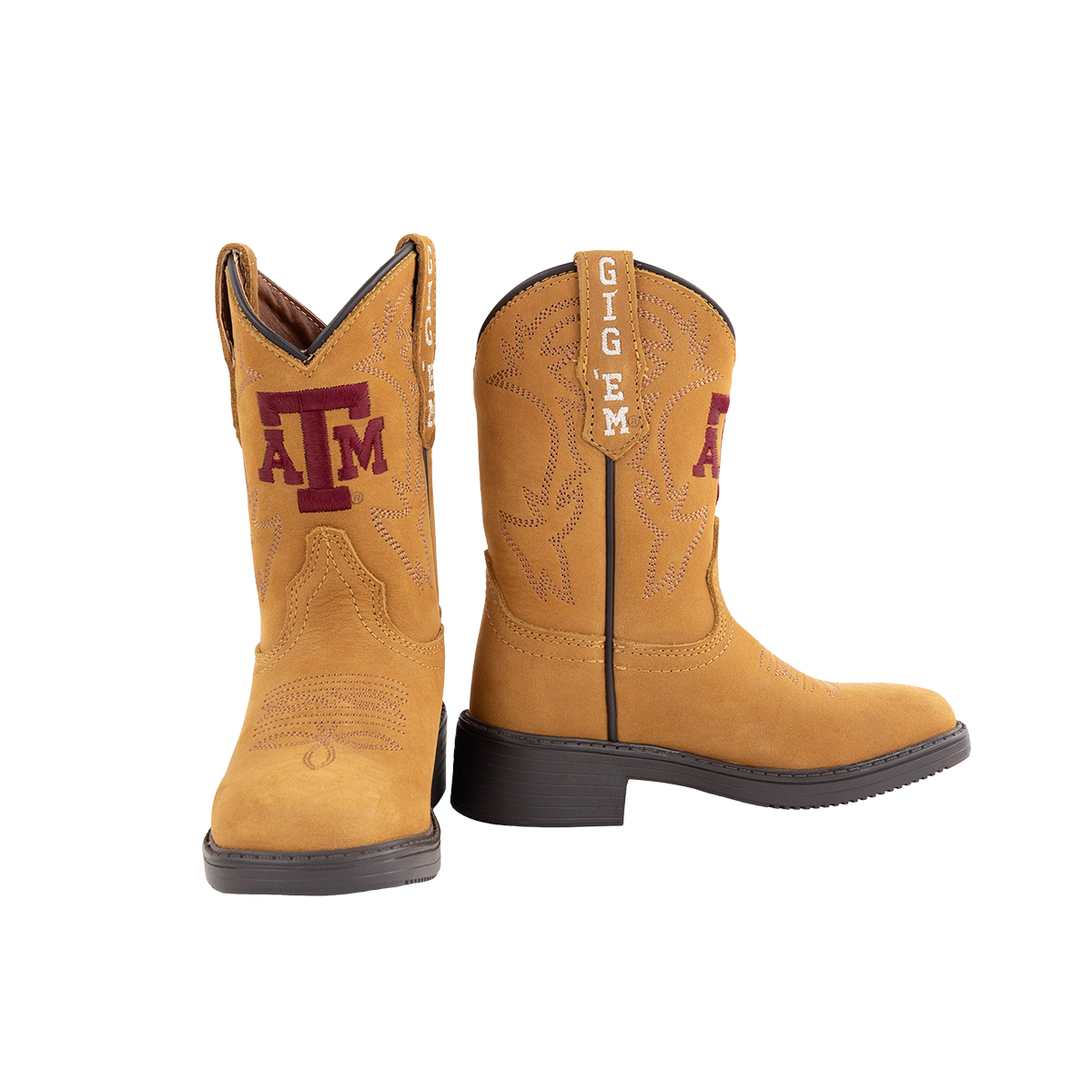 Khaki Brown Kids Gameday Boots with Maroon and White Lettering