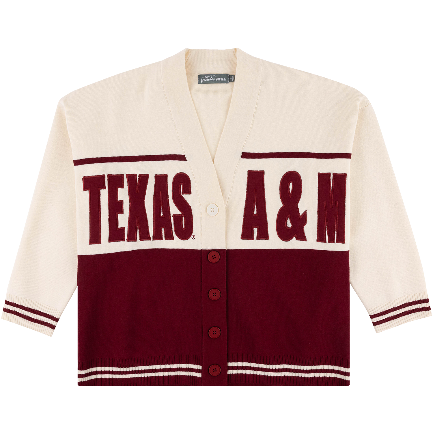 Texas A&M Gameday Social button-up cardigan in cream and maroon, featuring bold maroon “TEXAS A&M” lettering across the chest, a V-neckline, front buttons, three-quarter-length sleeves, and striped ribbed cuffs and hem.