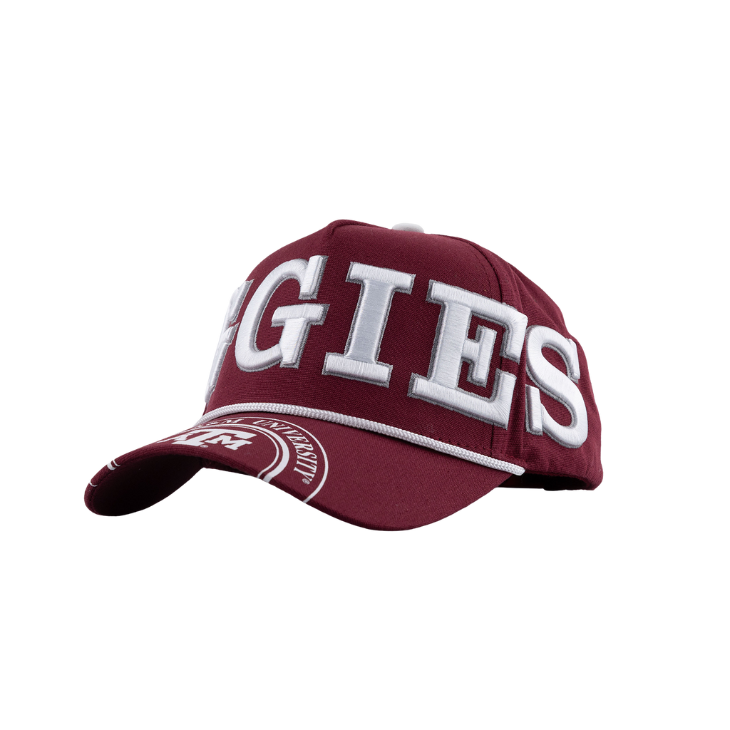 A maroon baseball cap featuring white embroidered collegiate lettering that reads 'EGIES' on the front, with additional white embroidery on the brim, shown against a plain white background.