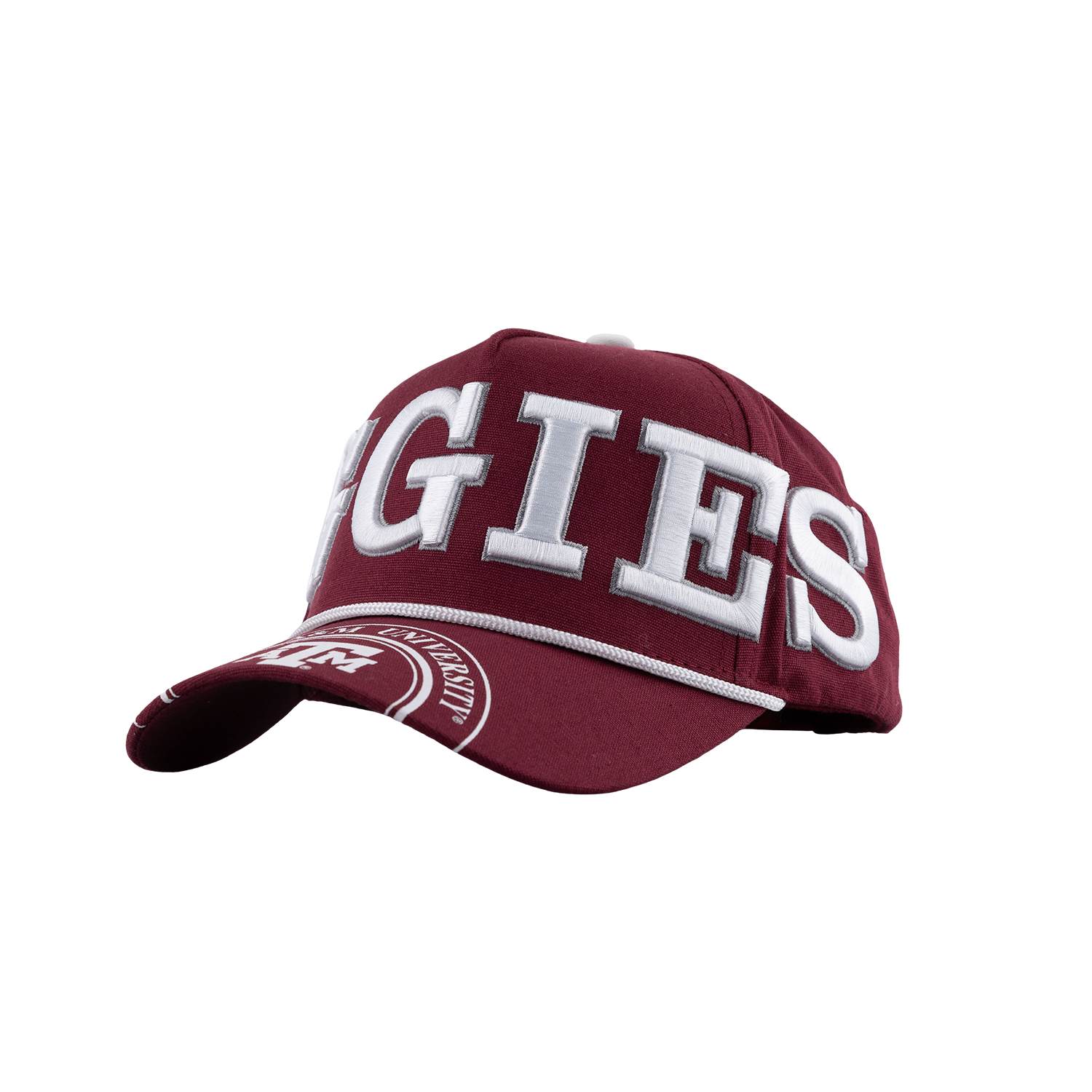 A maroon baseball cap featuring white embroidered collegiate lettering that reads 'EGIES' on the front, with additional white embroidery on the brim, shown against a plain white background.