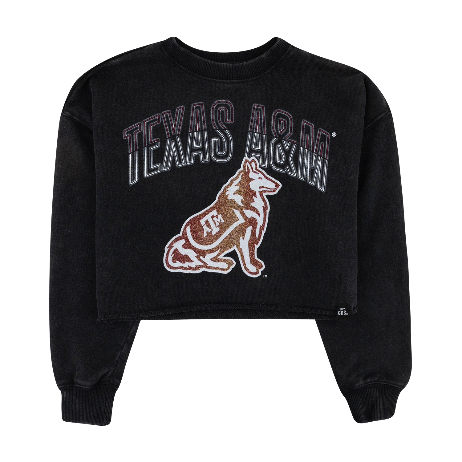 A black cropped crewneck sweatshirt featuring a distressed graphic of the Texas A&M 'Texas A&M' text and the Reveille with a iridescent glitter design. 