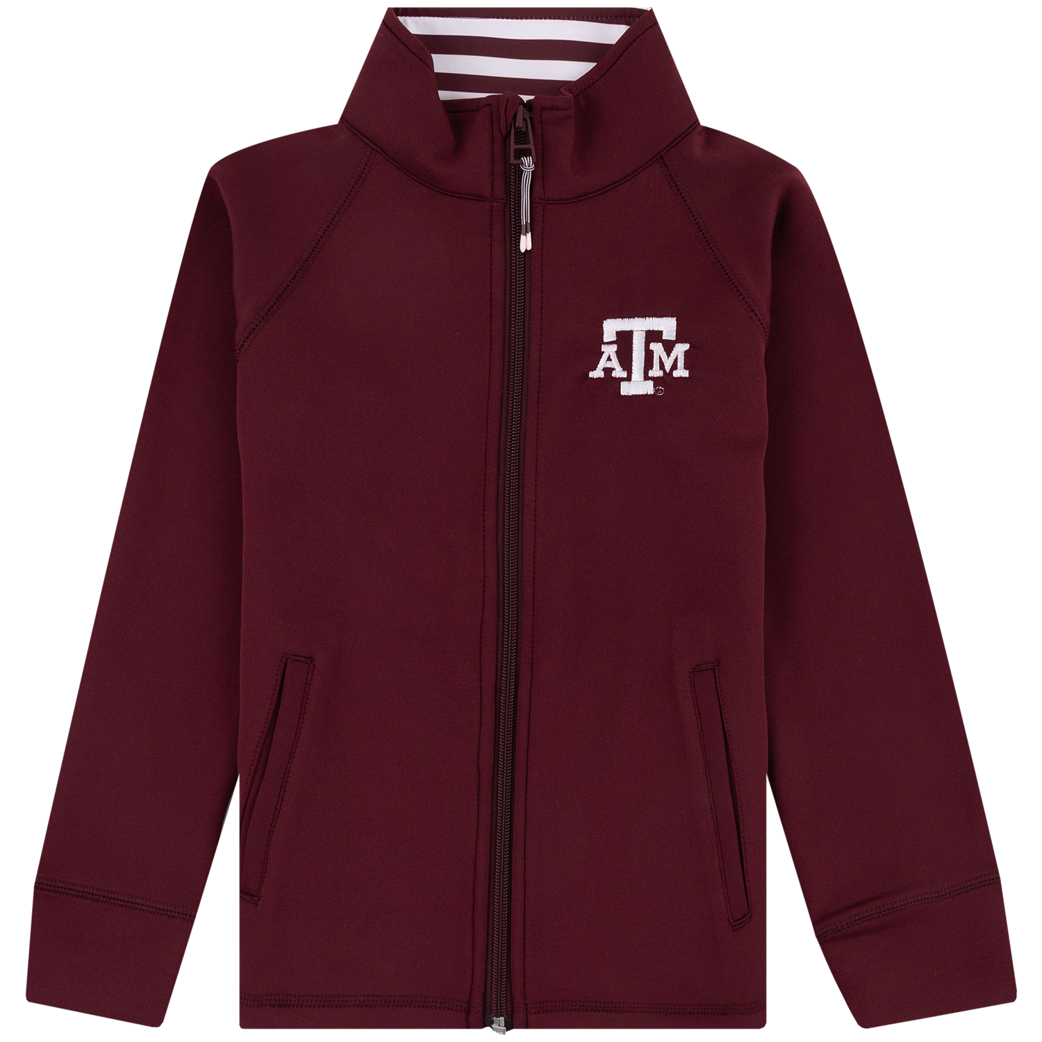 Maroon Texas A&M full-zip jacket featuring a white embroidered A&M logo, stand-up collar, zippered front, and two front pockets.