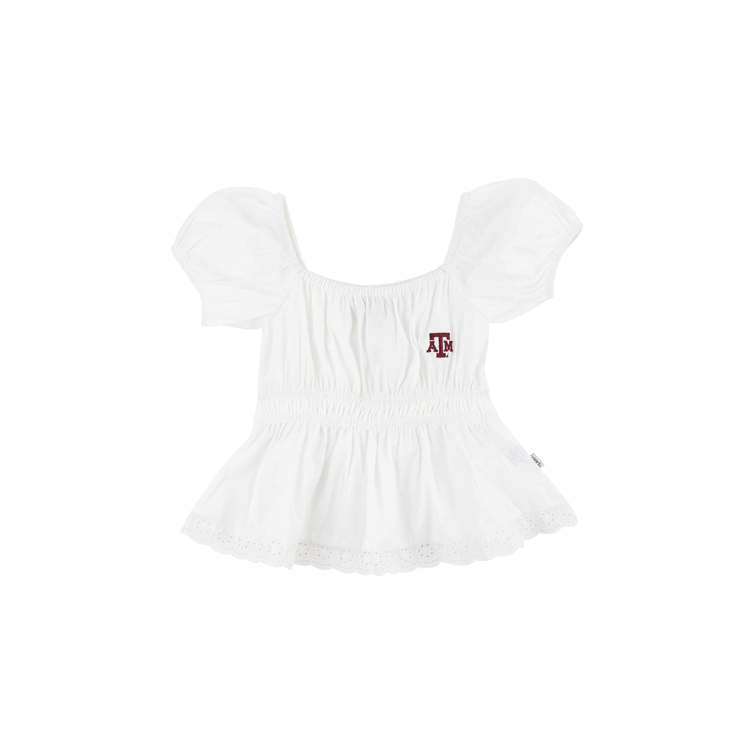White peplum top with maroon logo