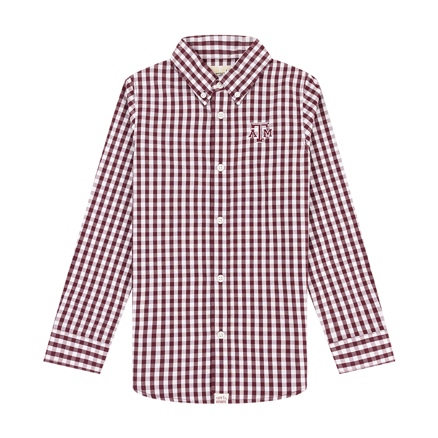 Maroon and white checkered shirt with a logo