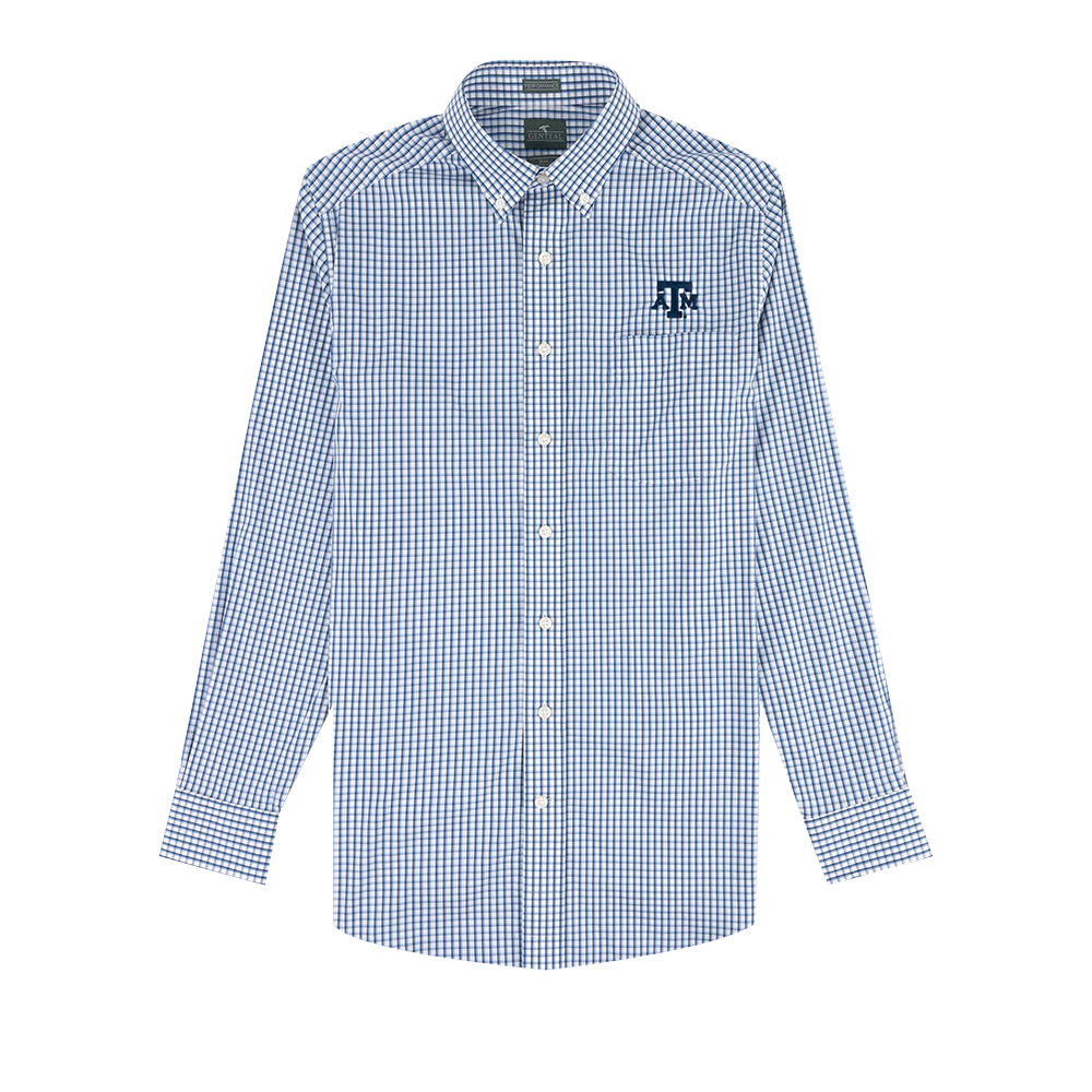 Blue and white checkered shirt with a logo