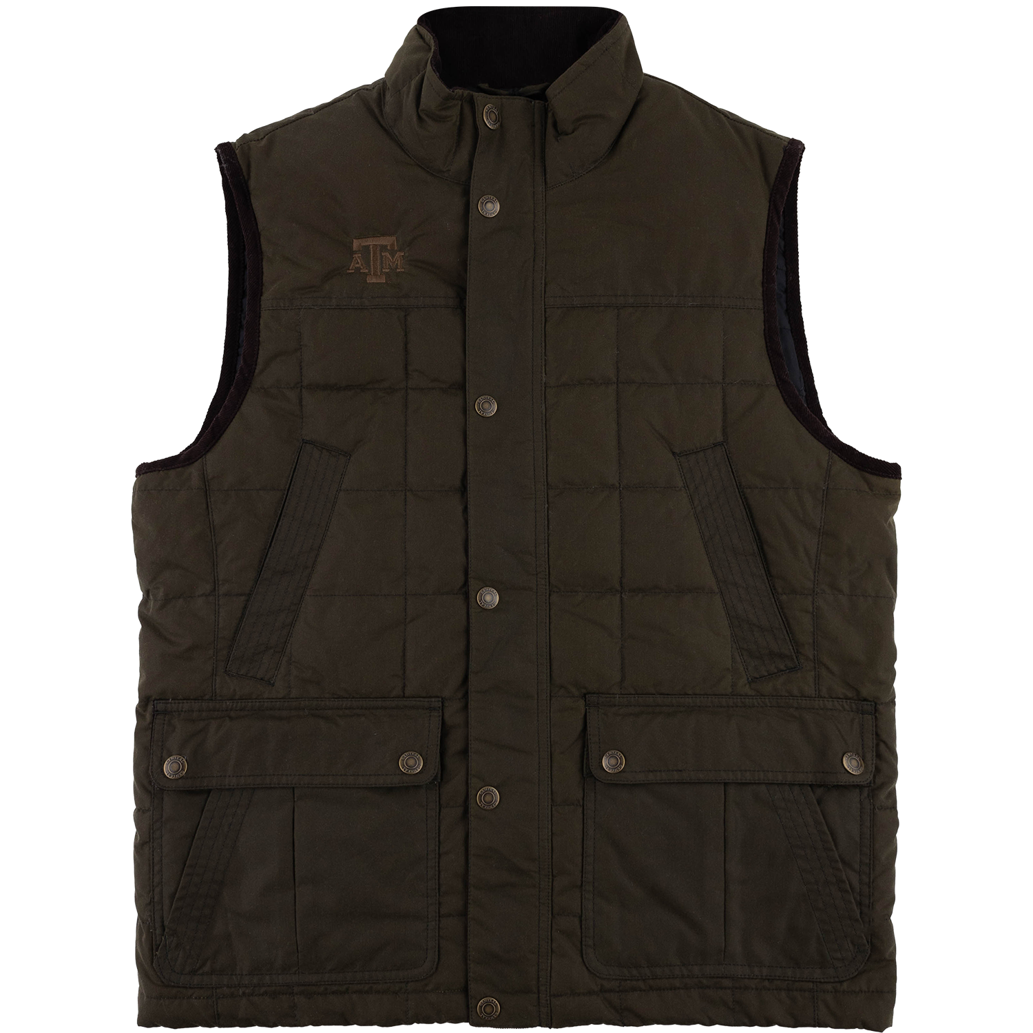 Olive green GenTeal men's quilted vest featuring a snap-button front closure over a hidden zipper, high collar, slant hand pockets, lower snap-flap patch pockets, and a tonal brown Texas A&M logo embroidered on the right chest.