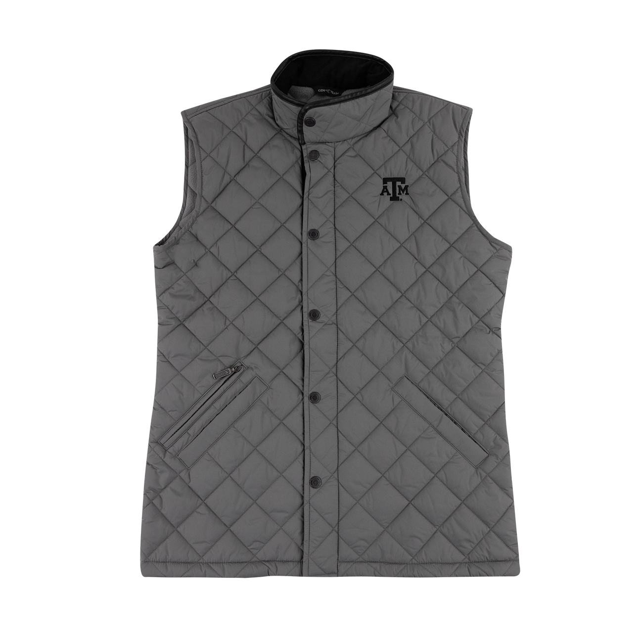 Quilted vest with button closure and the Texas A&M logo embroidered on the upper left chest in black.