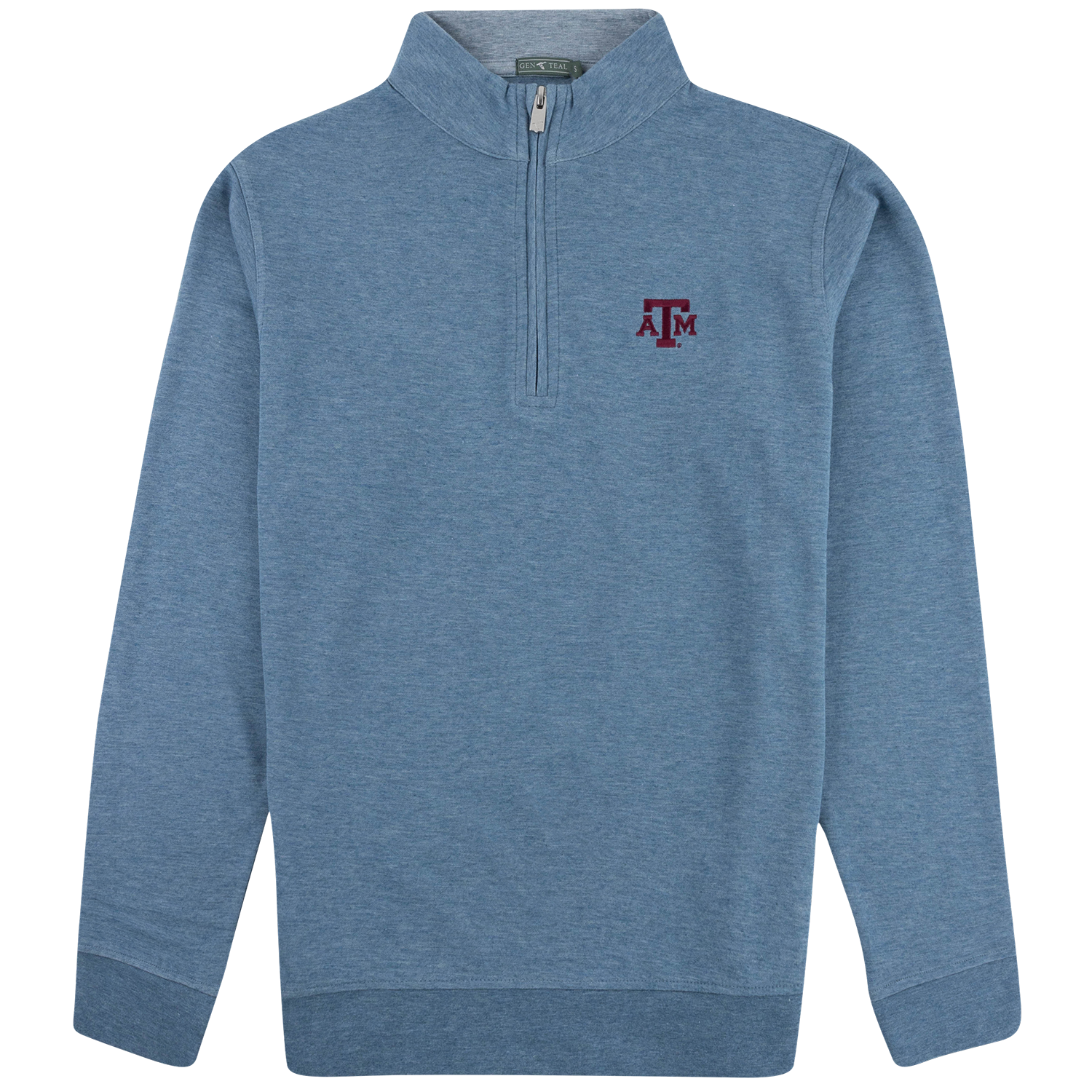 Light blue quarter-zip pullover with a maroon Texas A&M logo on the chest.